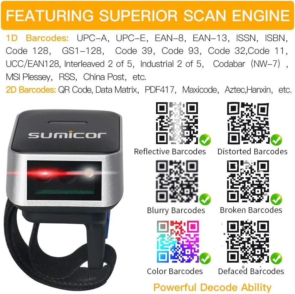 اسکنر بارکد انگشتی Sumicor 2D بلوتوثی بیسیم، اسکنر بارکد کوچک پوشیدنی قابل حمل 1D و 2D، سازگار با ویندوز، مک، iOS و اندروید (2D) اسکنر بارکد انگشتی Sumicor 2D بلوتوثی بیسیم، اسکنر بارکد کوچک پوشیدنی قابل حمل 1D و 2D، سازگار با ویندوز، مک، iOS و اندروید (2D)
