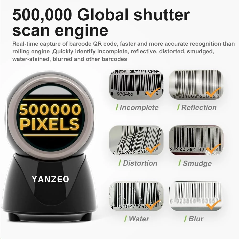 اسکنر بارکد رومیزی Yanzeo 2D 1D، اسکنر کد QR بدون دست، اتصال و پخش، اسکن سریع و دقیق برای فروشگاه، دفتر، انبار