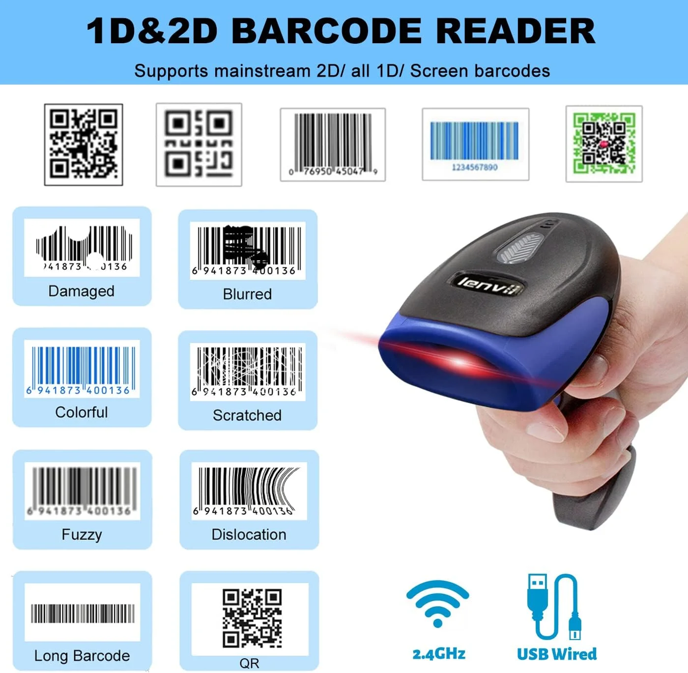 بارکد خوان دو بعدی بی سیم LENVII | بارکد خوان CCD دو حالته بی سیم 2.4G/USB سیمی | اسکنر کد QR 1D/2D | پشتیبانی از PDF417/DataMatrix/Maxicode | سازگار با PC/Mac/POS/Android