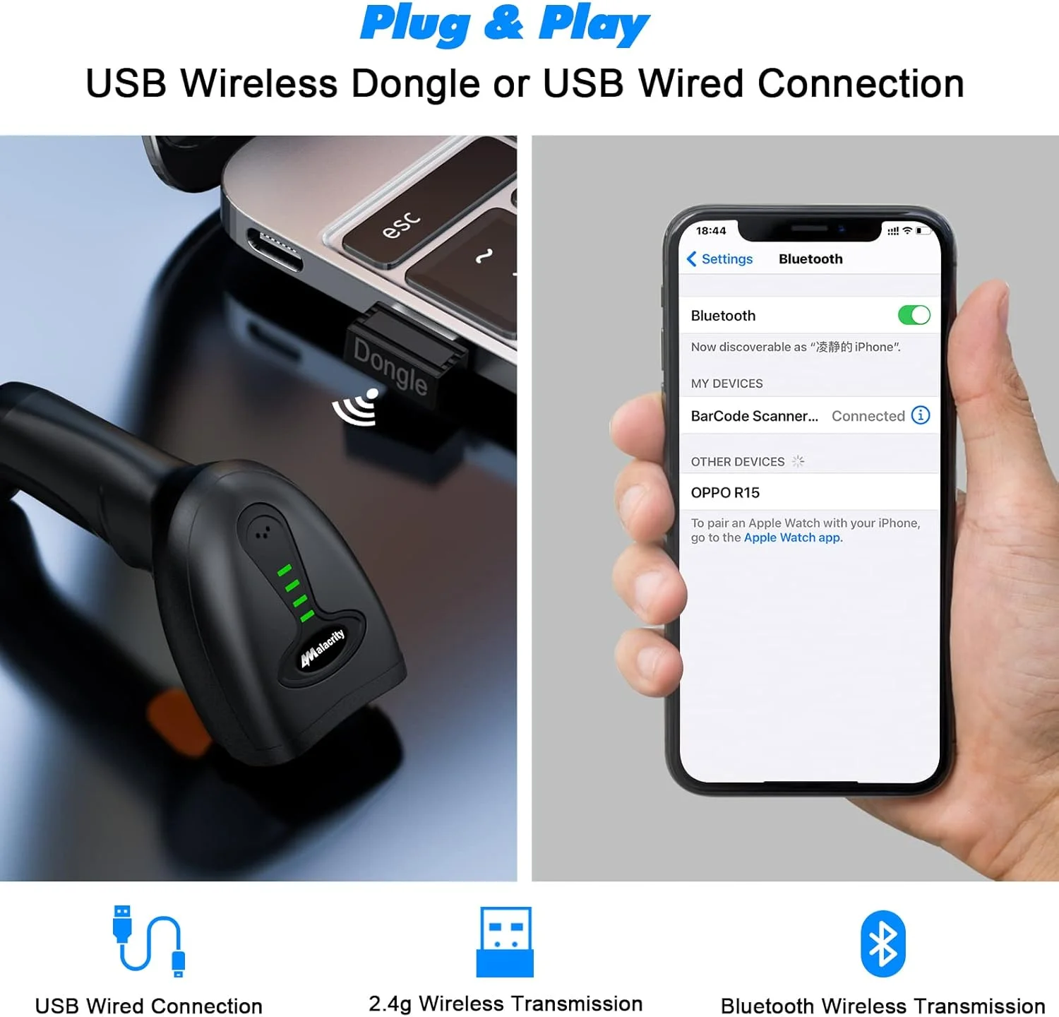 اسکنر بارکد بی سیم بلوتوثی Alacrity با پایه، 3 در 1 (بلوتوث و بی سیم 2.4 گیگاهرتز و USB سیمی)، بارکد خوان، باتری قابل شارژ 1800mA*H، اسکن خودکار، برد 328 فوت، فضای ذخیره سازی 16 مگابایت