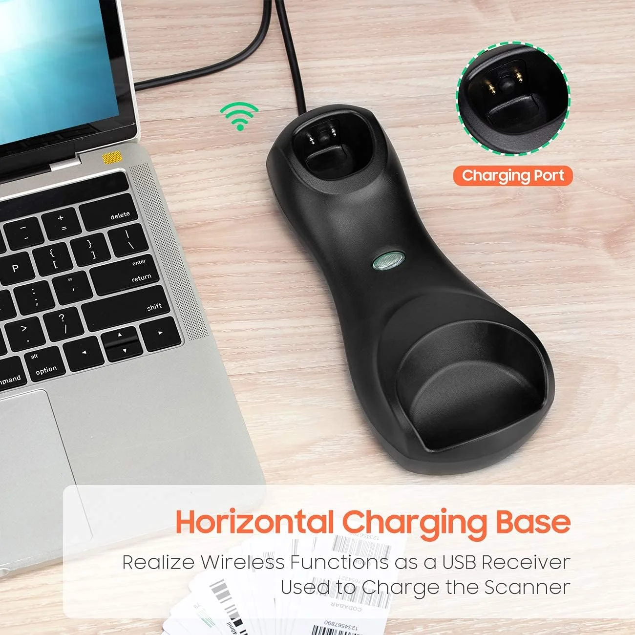 اسکنر بارکد خوان بی سیم 1D 2D QR سری Tera Pro با پایه نمایشگر شمارش صفحه نمایش سرعت اسکن فوق العاده سریع وضوح تصویر بسیار بالا بارکد خوان دستی برای انبارداری مدل HW0008