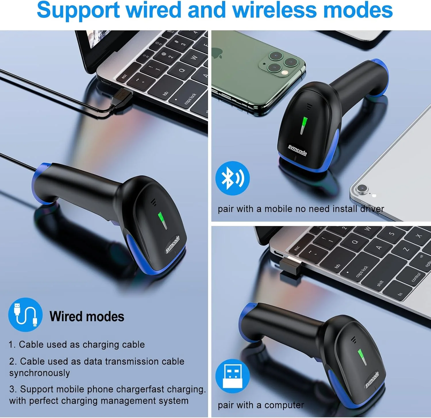 اسکنر بارکد بلوتوثی بی سیم Symcode، اسکنر بارکد خوان 3 در 1 بلوتوث و USB سیمی و 2.4G بی سیم 2D 1D QR کد اسکنر بارکد سریع و دقیق خودکار برای تلفن لپ تاپ تبلت اسکنر بارکد بلوتوثی بی سیم Symcode، اسکنر بارکد خوان 3 در 1 بلوتوث و USB سیمی و 2.4G بی سیم 2D 1D QR کد اسکنر بارکد سریع و دقیق خودکار برای تلفن لپ تاپ تبلت