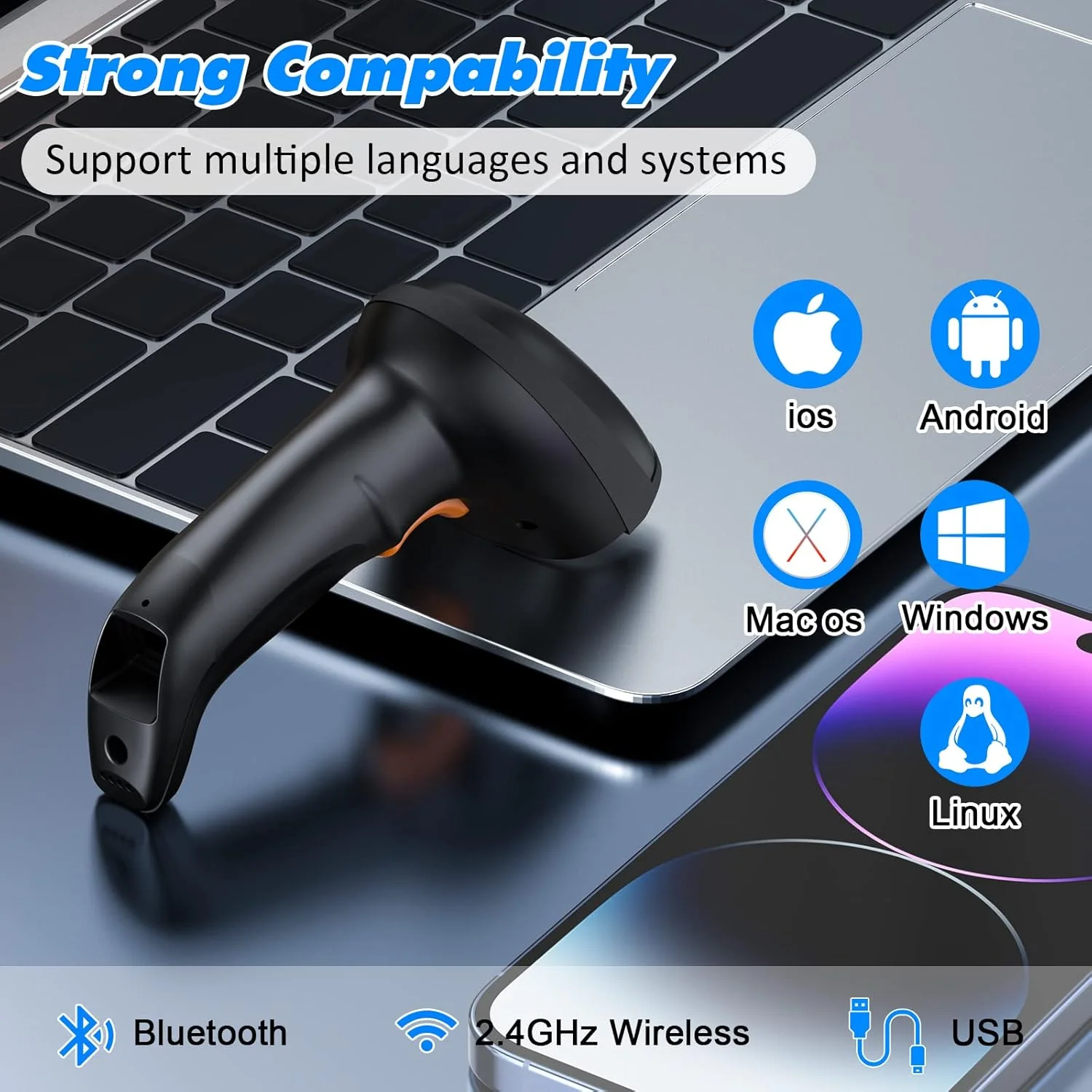 اسکنر بارکد بی سیم بلوتوثی Alacrity با پایه، 3 در 1 (بلوتوث و بی سیم 2.4 گیگاهرتز و USB سیمی)، بارکد خوان، باتری قابل شارژ 1800mA*H، اسکن خودکار، برد 328 فوت، فضای ذخیره سازی 16 مگابایت