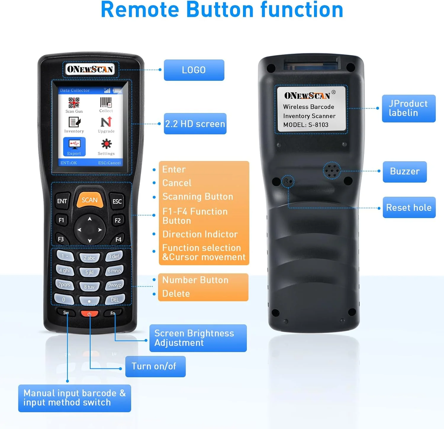 اسکنر انبار Onewscan، اسکنر بارکد بی سیم 1D&2D&PDF417 قابل حمل دستی QR برای دستگاه ترمینال داده جمع آوری کننده دستگاه انبار با صفحه نمایش رنگی 2.2 اینچی TFT اسکنر انبار Onewscan، اسکنر بارکد بی سیم 1D&2D&PDF417 قابل حمل دستی QR برای دستگاه ترمینال داده جمع آوری کننده دستگاه انبار با صفحه نمایش رنگی 2.2 اینچی TFT