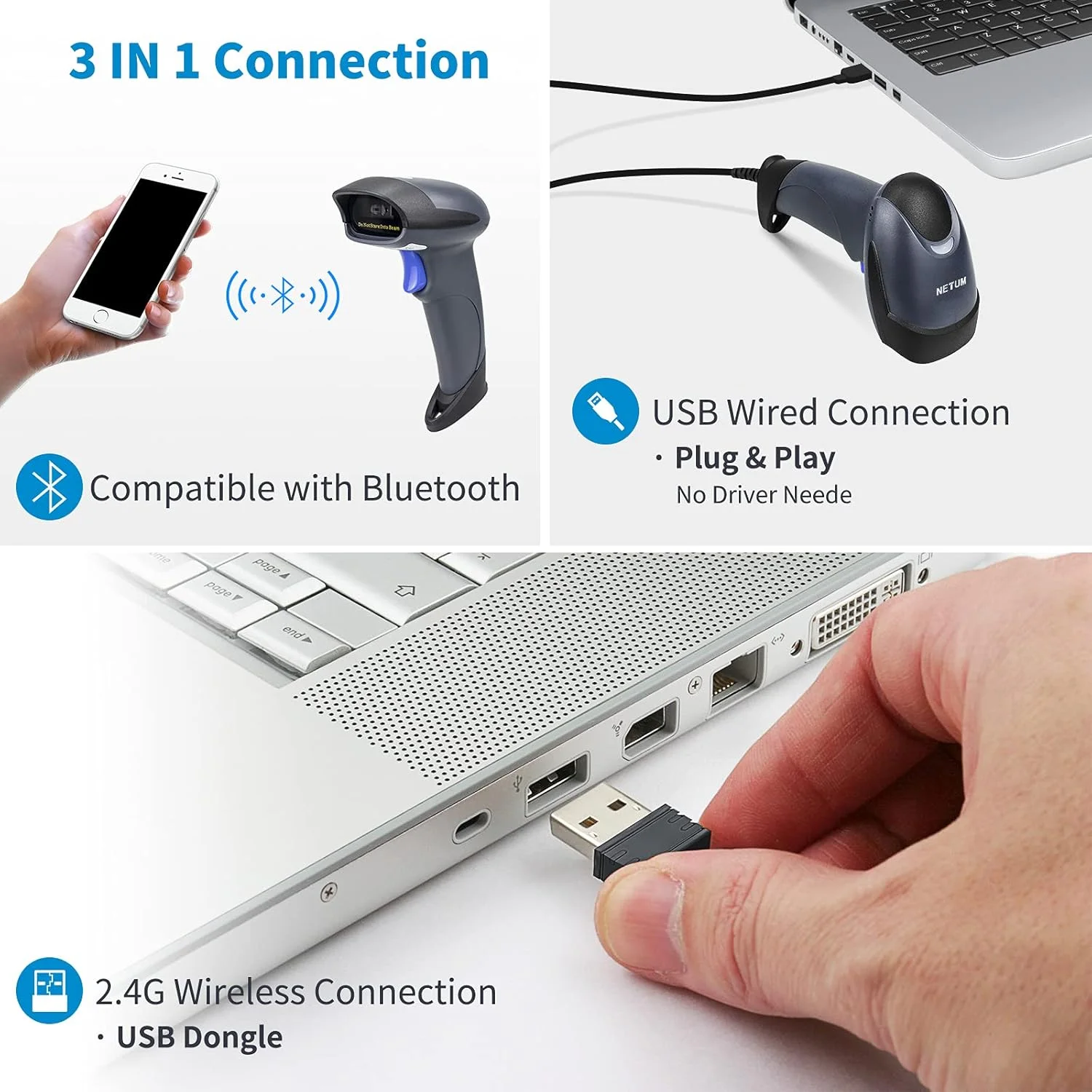 اسکنر بارکد دوبعدی QR بیسیم NETUM با پایه، 3 در 1 بلوتوث و 2.4 گیگاهرتز بیسیم و USB سیمی، اسکنر بارکدخوان اتوماتیک دستی تفنگی سازگار برای لپتاپ، کامپیوتر، صندوقدار، POS اسکنر بارکد دوبعدی QR بیسیم NETUM با پایه، 3 در 1 بلوتوث و 2.4 گیگاهرتز بیسیم و USB سیمی، اسکنر بارکدخوان اتوماتیک دستی تفنگی سازگار برای لپتاپ، کامپیوتر، صندوقدار، POS