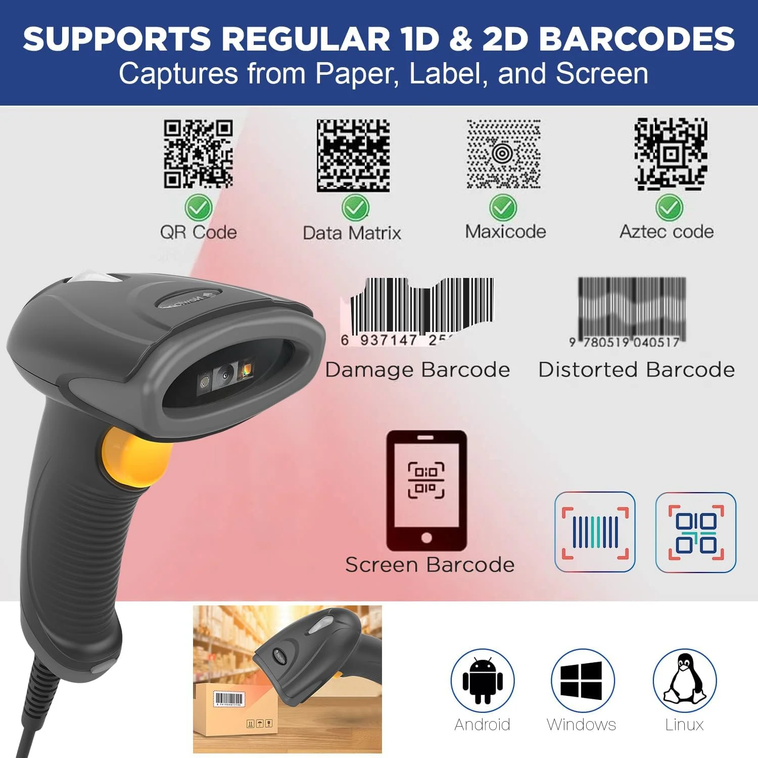 اسکنر دستی نیولند HR2081، بارکد خوان 1D و 2D، USB، سبک وزن، ضد آب با استاندارد IP42، قابل حمل برای پرداخت موبایلی و سوپرمارکت اسکنر دستی نیولند HR2081، بارکد خوان 1D و 2D، USB، سبک وزن، ضد آب با استاندارد IP42، قابل حمل برای پرداخت موبایلی و سوپرمارکت