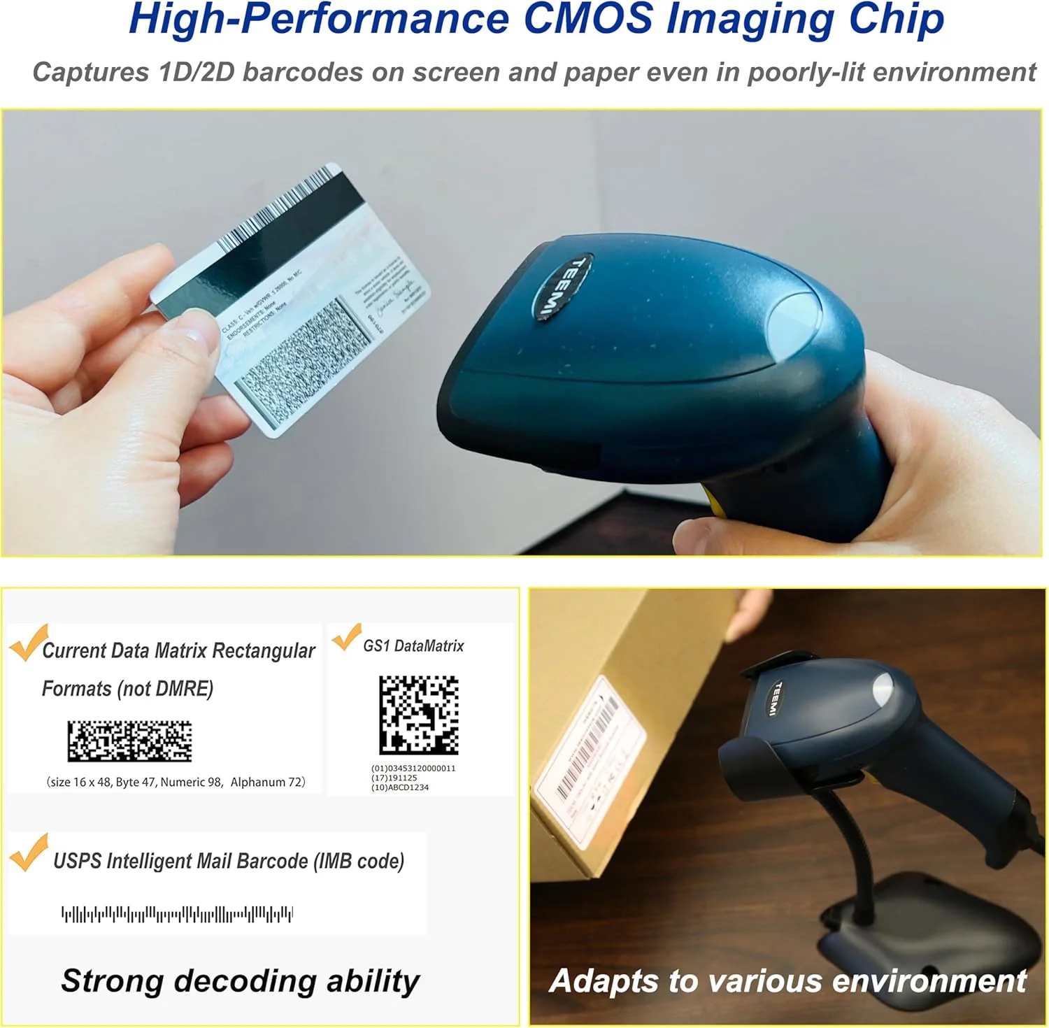 اسکنر بارکد TEEMI TEEMI T26 QR دستی اتوماتیک USB سیمی 1D 2D بارکد CMOS Imager با کابل USB بلند 78 فوتی برای پرداخت موبایلی اسکن صفحه کامپیوتر پشتیبانی از Mac OS