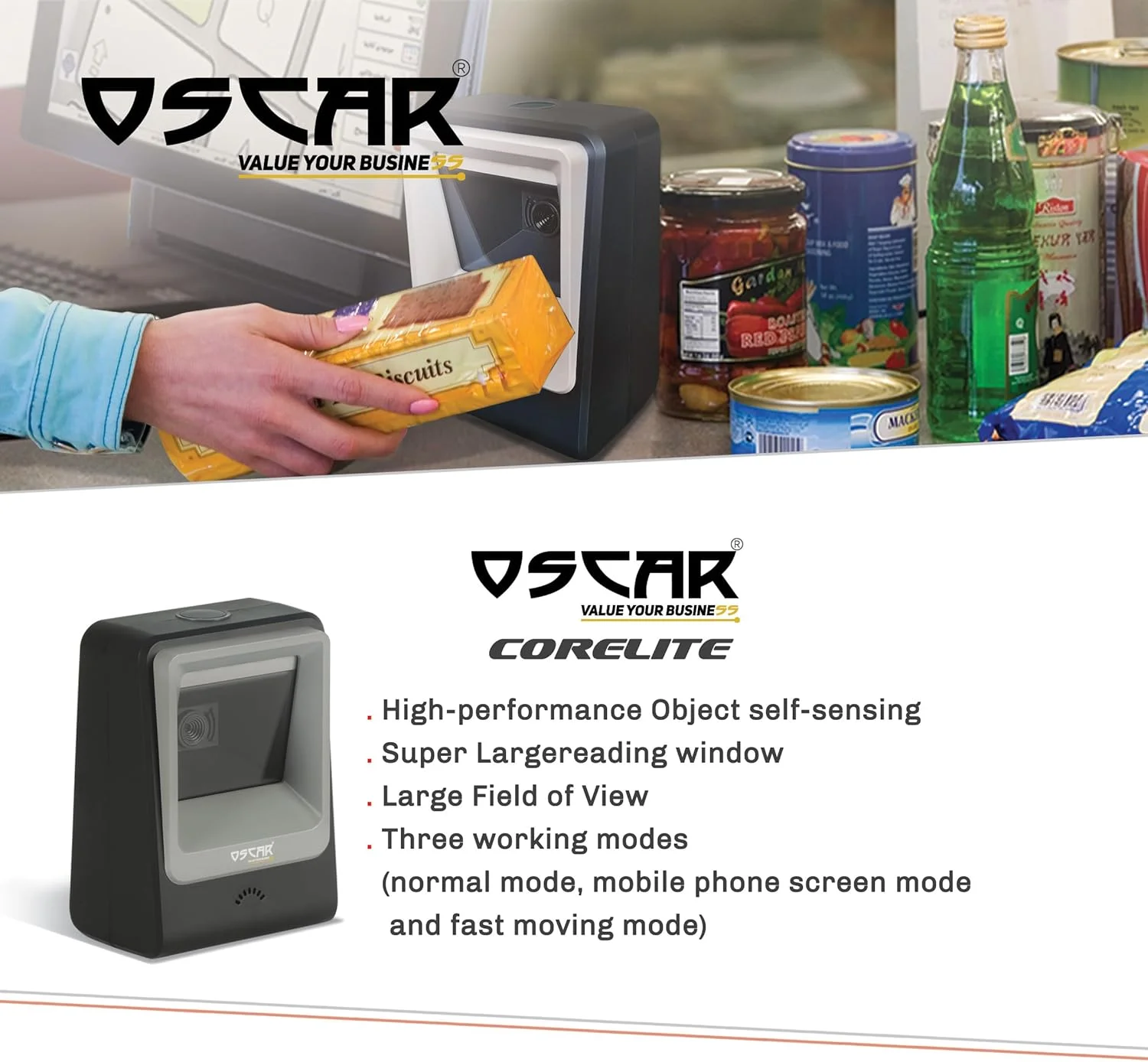 اسکنر بارکد OSCAR UniBar CoreLite، دو بعدی QR 1D، اتوماتیک، مگاپیکسلی بدون دست، چند جهته رومیزی، USB + Virtual COM، سیمی، اسکن کد QR از موبایل، سرعت فوق العاده بالا (مشکی) اسکنر بارکد OSCAR UniBar CoreLite، دو بعدی QR 1D، اتوماتیک، مگاپیکسلی بدون دست، چند جهته رومیزی، USB + Virtual COM، سیمی، اسکن کد QR از موبایل، سرعت فوق العاده بالا (مشکی)