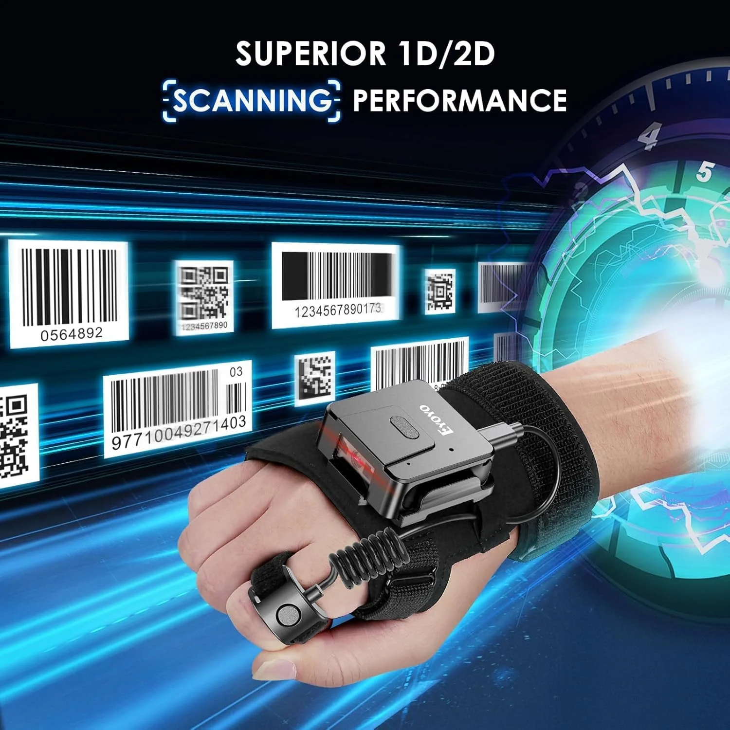 اسکنر بارکد پوشیدنی انگشتی Eyoyo 2D و 1D بلوتوثی، اسکنر کد QR بی سیم انگشتی، قابل پوشیدن با دست چپ و راست، مینی بارکد خوان انبار سازگار با آیفون آیپد تبلت اندروید
