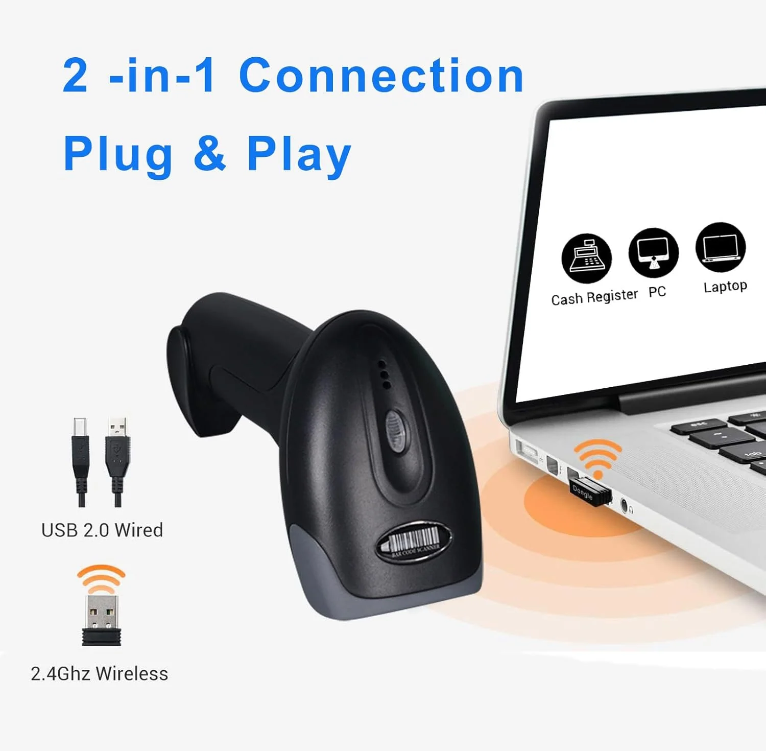 اسکنر بارکد Rabitpos 1D 2D QR بی سیم، بارکد خوان دستی بی سیم با باتری 2000 میلی آمپر ساعتی برای پرداخت موبایلی، فروشگاه رفاه، سوپرمارکت، انبارداری