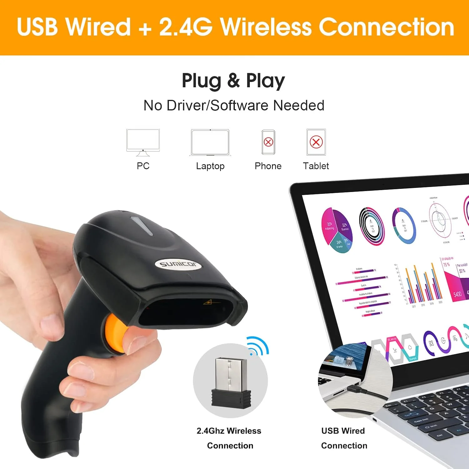 بارکد خوان لیزری 1D Sumicor، 2 در 1 بی سیم با برد 328 فوت و اسکنر بارکد بی سیم سیمی USB برای POS PC ویندوز مک OS