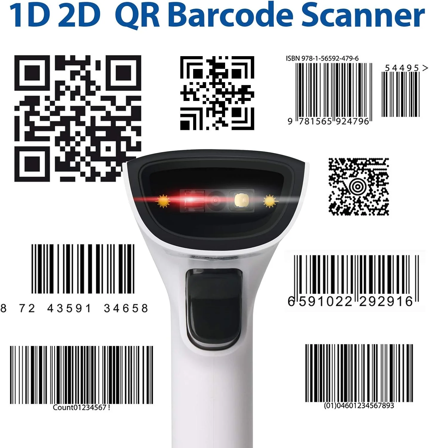 اسکنر بارکد دوبعدی Sumicor، اسکنر بارکد دستی سفید مشکی 3 در 1 USB سیمی و 2.4G بی سیم و بلوتوث QR کد Micro PDF417 اسکنر بارکد 1D با ویبره