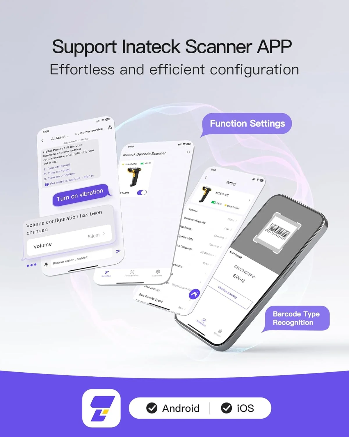 اسکنر بارکد دوبعدی Inateck، اسکنر بارکد QR بلوتوث بی سیم، اسکنر دستی با APP و SDK، 1 بار شارژ برای 3 ماه، BCST-23 اسکنر بارکد دوبعدی Inateck، اسکنر بارکد QR بلوتوث بی سیم، اسکنر دستی با APP و SDK، 1 بار شارژ برای 3 ماه، BCST-23