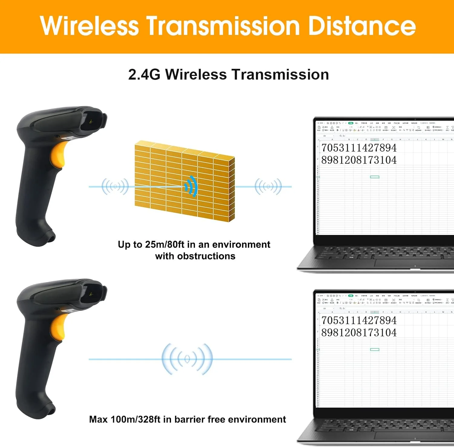بارکد خوان لیزری 1D Sumicor، 2 در 1 بی سیم با برد 328 فوت و اسکنر بارکد بی سیم سیمی USB برای POS PC ویندوز مک OS