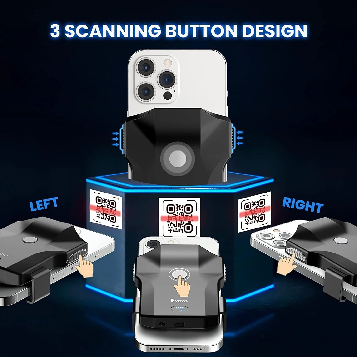 اسکنر بارکدخوان QR کد بلوتوثی Eyoyo، اسکنر بارکد بی‌سیم دو بعدی با گیره پشتی تلفن، اسکنر بارکدخوان USB با نشانگر سطح باتری سازگار با تلفن‌های اندرویدی 4.7 تا 7.2 اینچی، آیفون برای فهرست کتابخانه