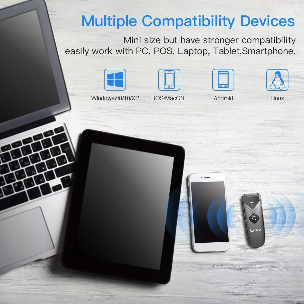 اسکنر بارکد دوبعدی و تک بعدی بلوتوثی Eyoyo، اسکنر بارکد بیسیم کوچک قابل حمل با اتصال بیسیم 2.4G/بلوتوث/USB سیمی، اسکنر کد QR سازگار با پد، تلفن، اندروید، تبلت PC اسکنر بارکد دوبعدی و تک بعدی بلوتوثی Eyoyo، اسکنر بارکد بیسیم کوچک قابل حمل با اتصال بیسیم 2.4G/بلوتوث/USB سیمی، اسکنر کد QR سازگار با پد، تلفن، اندروید، تبلت PC