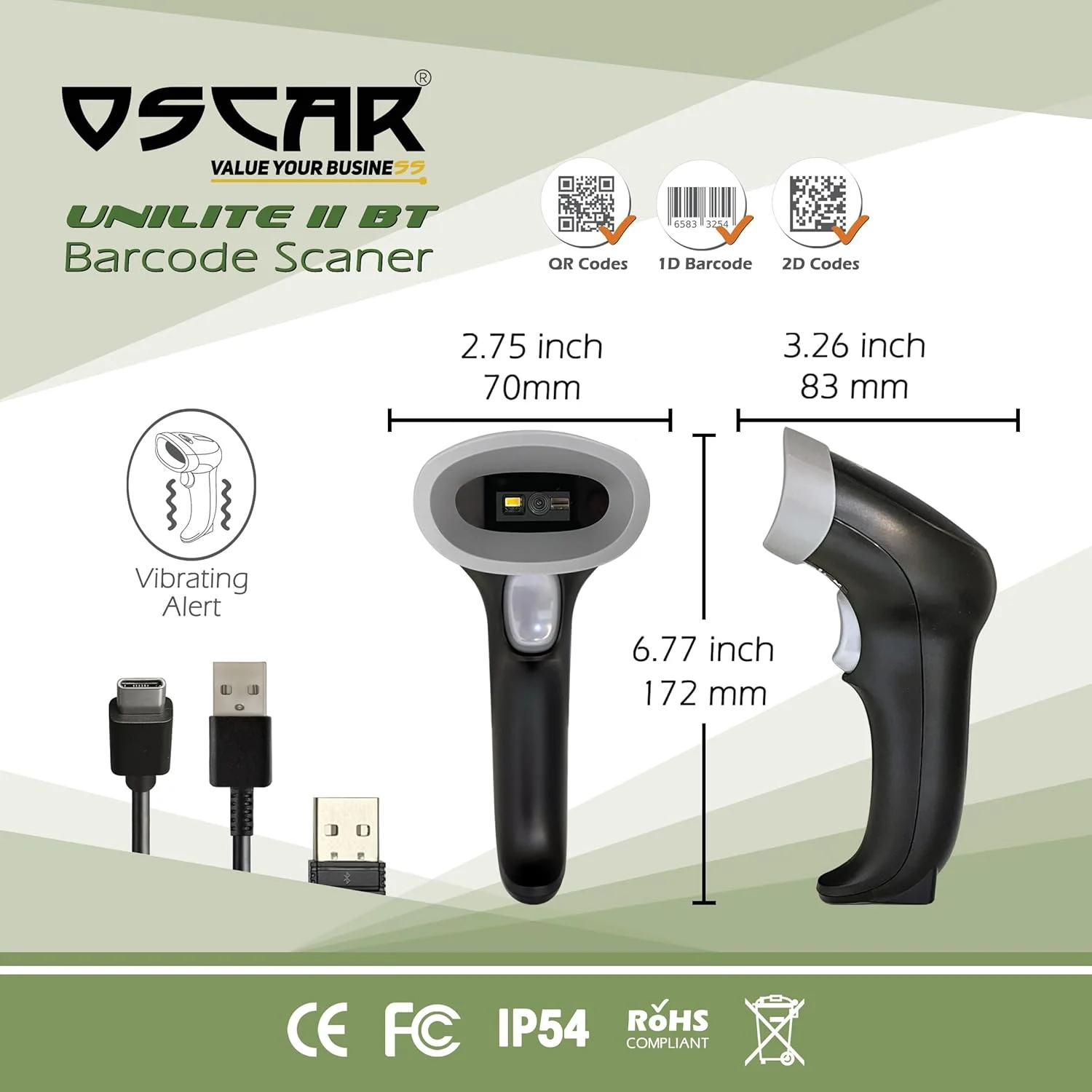 اسکنر بارکد OSCAR UniLite II BT 2D QR 1D، بی سیم بلوتوث 5.0 سه کاره، حافظه 100000، اندروید، iOS، MacOS، ویندوز، اسکنر بارکد QRCode، اسکن کد QR از تلفن همراه، دانگل USB/بلوتوث/سیمی (مشکی)