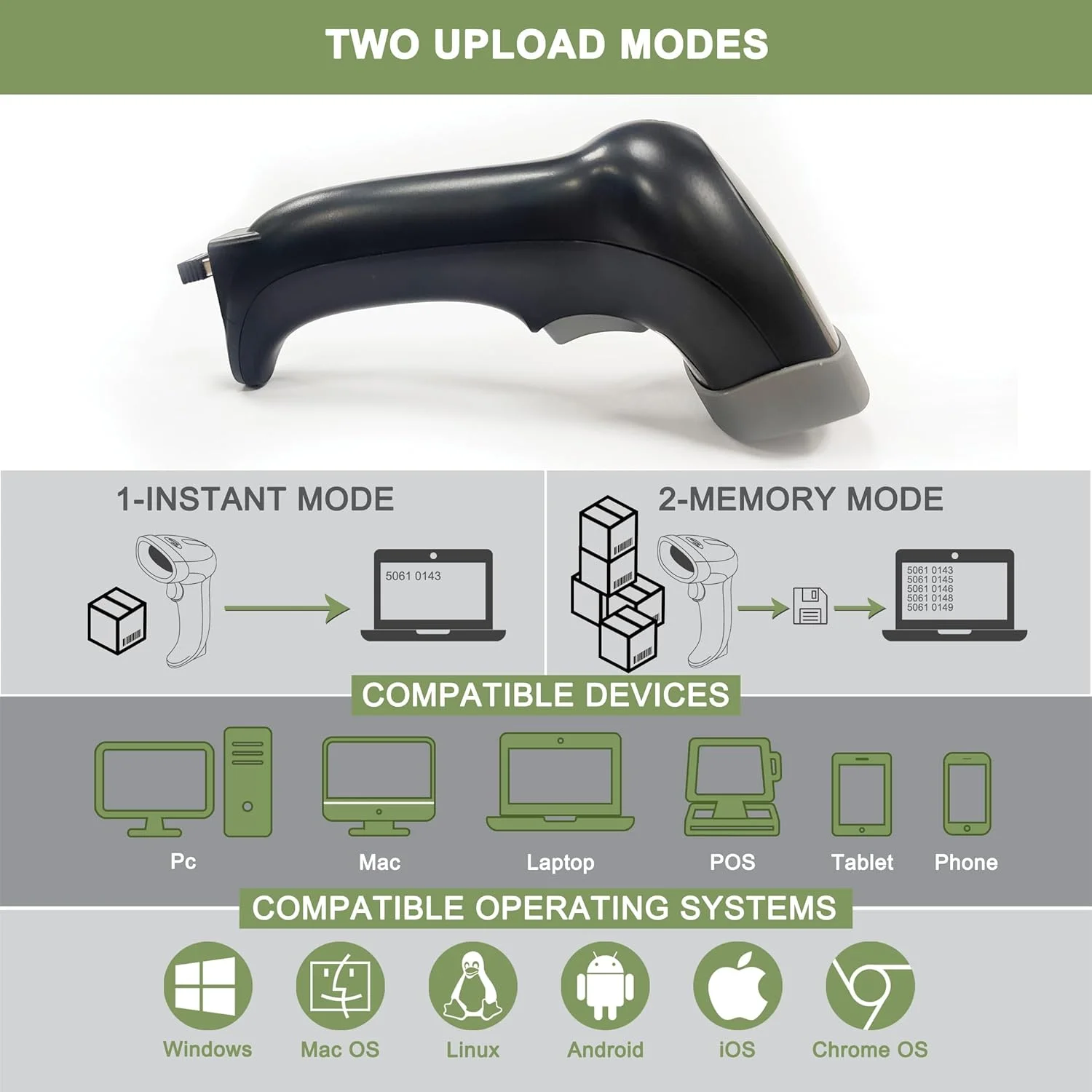 اسکنر بارکد OSCAR UniLite II BT 2D QR 1D، بی سیم بلوتوث 5.0 سه کاره، حافظه 100000، اندروید، iOS، MacOS، ویندوز، اسکنر بارکد QRCode، اسکن کد QR از تلفن همراه، دانگل USB/بلوتوث/سیمی (مشکی)