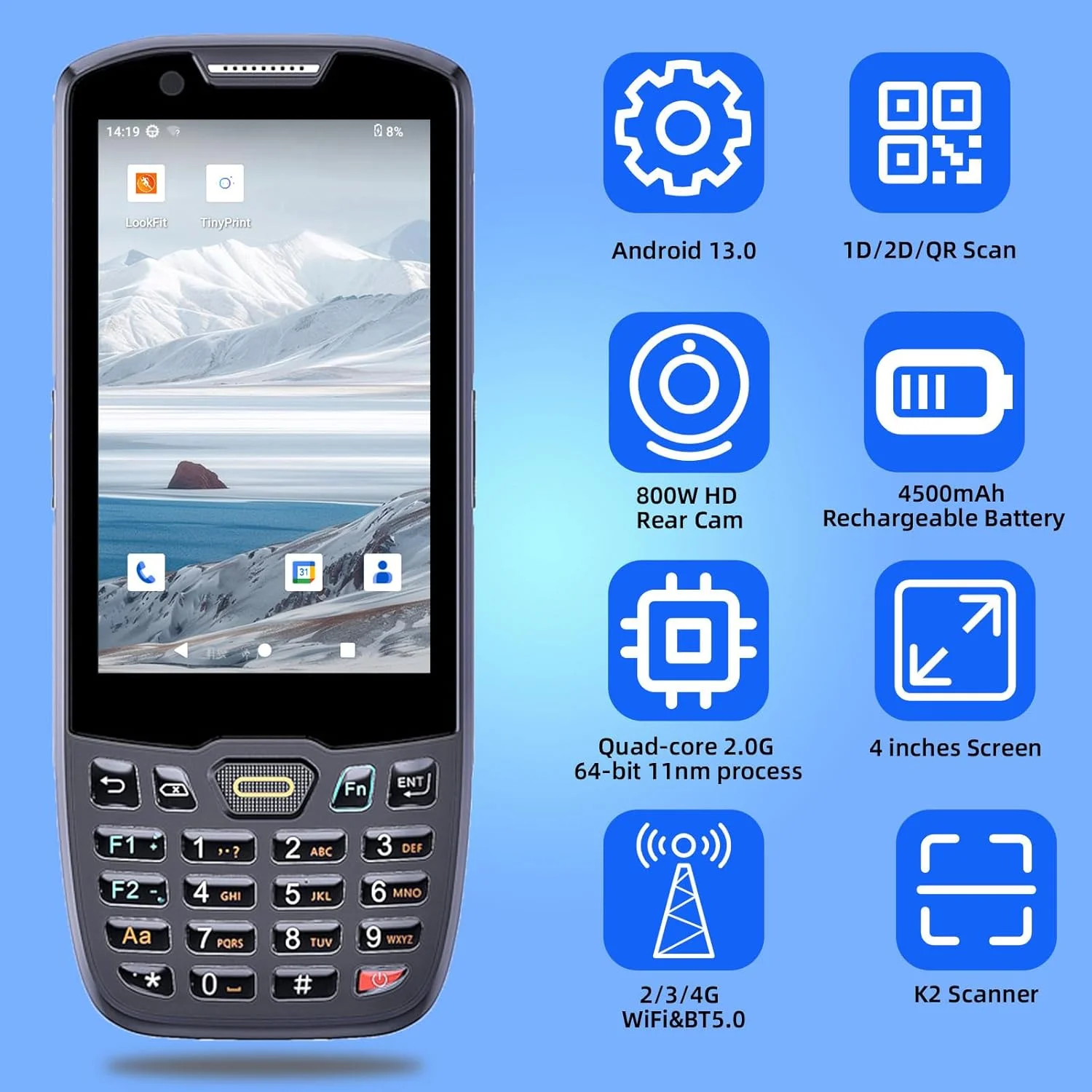 ترمینال PDA Eacam، اسکنر بارکد 2 بعدی اندروید 13.0، ترمینال POS دستی PDA، جمعآورنده داده، دستگاه موجودی، کامپیوتر موبایل 4G WiFi BT با صفحه لمسی 4 اینچی و دوربین 8 مگاپیکسلی ترمینال PDA Eacam، اسکنر بارکد 2 بعدی اندروید 13.0، ترمینال POS دستی PDA، جمعآورنده داده، دستگاه موجودی، کامپیوتر موبایل 4G WiFi BT با صفحه لمسی 4 اینچی و دوربین 8 مگاپیکسلی