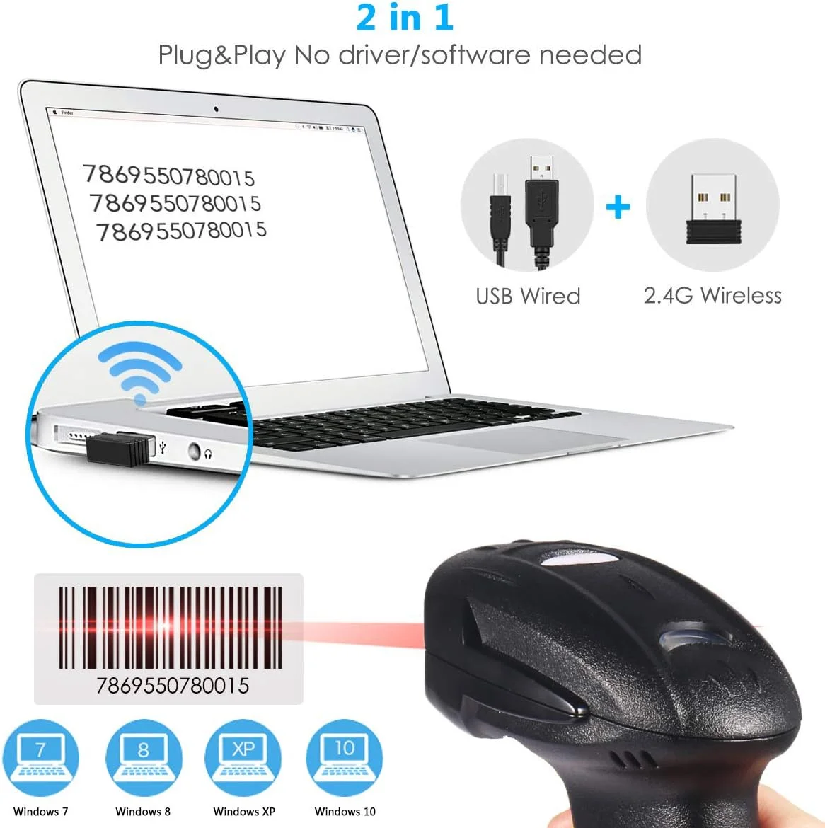 بارکد خوان بی سیم Go-Go Goodstuffshop 2 در 1، بی سیم 2.4 گیگاهرتز و USB 2.0 سیمی، بارکد خوان اتوماتیک USB، بارکد خوان دستی USB قابل شارژ برای کامپیوتر، POS، لپ تاپ