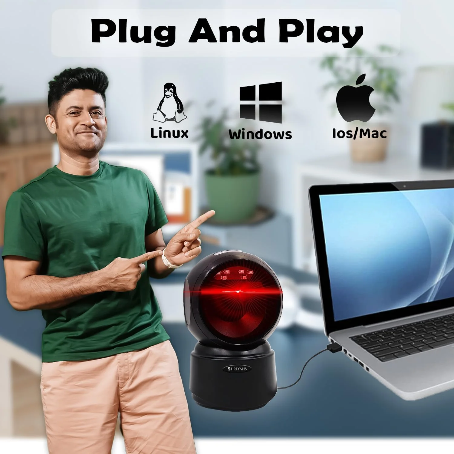 اسکنر بارکد رومیزی بدون دست Shreyans 1D 2D QR | رومیزی پلاگ اند پلی اتوماتیک | اسکن انواع بارکد | مناسب برای سوپرمارکت ها، مراکز خرید، انبار، خرده فروشی