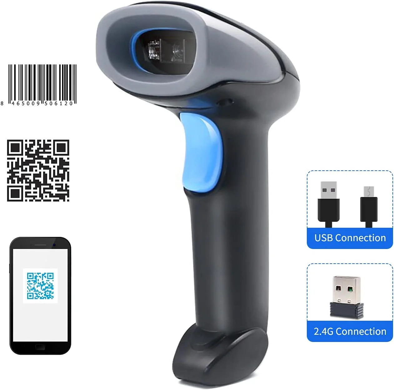 اسکنر بارکد دستی Eacam 1D/2D/QR - بی سیم 2.4G و USB سیمی - سازگار با سیستم کامپیوتری برای سوپرمارکت، خرده فروشی، کتابخانه، تدارکات، انبار