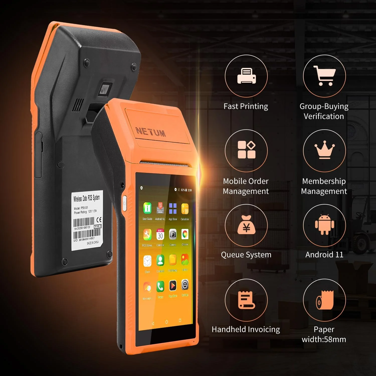 دستگاه PDA اندروید 11.0 NETUM با پرینتر رسید، جمع‌آورنده داده، اسکنر بارکد قابل حمل، بلوتوث USB WiFi BT4.0، شامل رول کاغذ 58 * 35