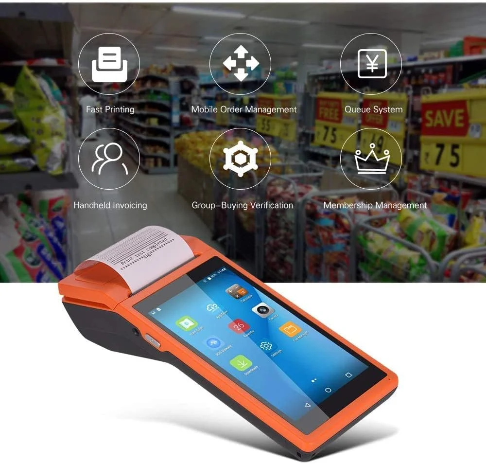پایانه POS اندرویدی دستی NETUM با پرینتر رسید، جمع‌آوری کننده داده، اسکنر بارکد قابل حمل، بلوتوث USB WiFi BT4.0 به همراه رول کاغذ 58 * 35