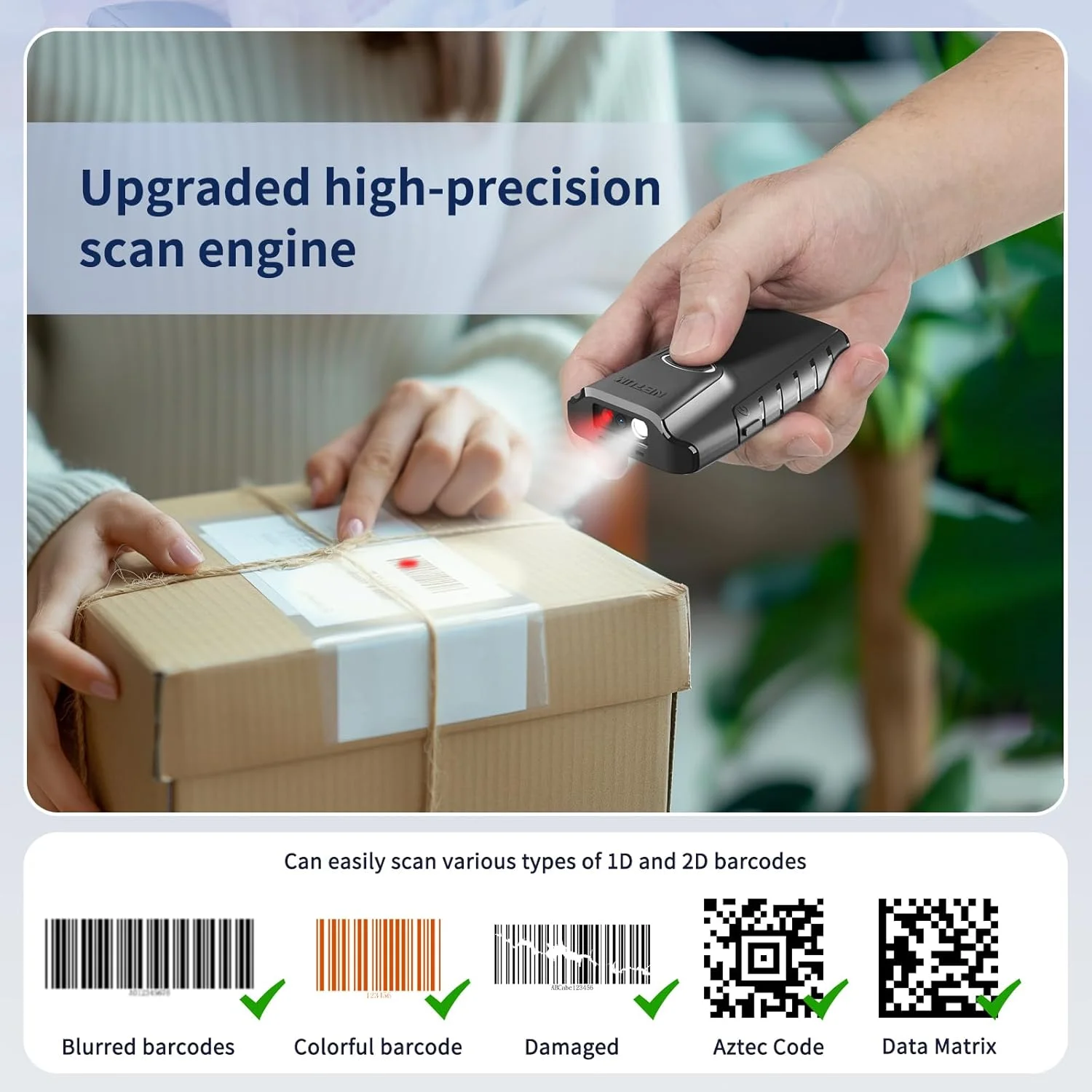 بارکد خوان دو بعدی بلوتوثی NETUM، بارکد خوان QR کوچک قابل حمل 3 در 1، اسکن تفنگی بی سیم اتوماتیک با گیره پشتی، سازگار با تبلت iOS Android Windows MacOS برای انبارداری POS (2D - E800)