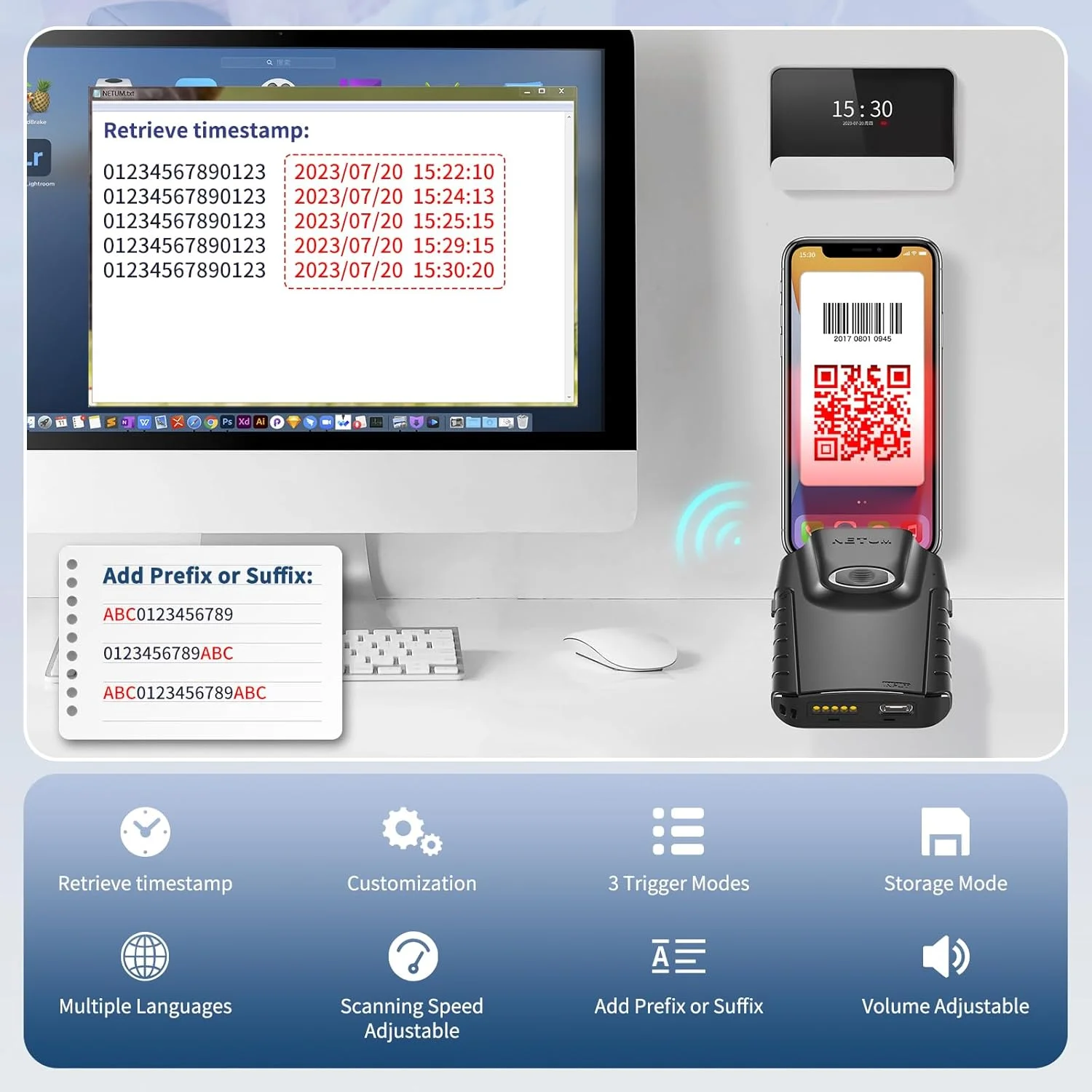 بارکد خوان دو بعدی بلوتوثی NETUM، بارکد خوان QR کوچک قابل حمل 3 در 1، اسکن تفنگی بی سیم اتوماتیک با گیره پشتی، سازگار با تبلت iOS Android Windows MacOS برای انبارداری POS (2D - E800)