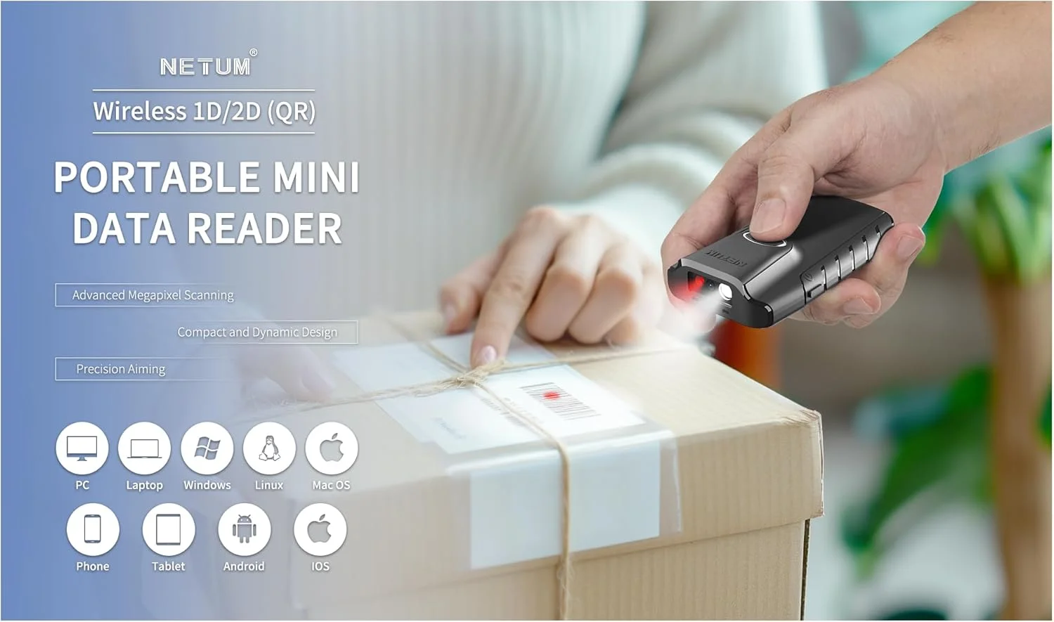 بارکد خوان دو بعدی بلوتوثی NETUM، بارکد خوان QR کوچک قابل حمل 3 در 1، اسکن تفنگی بی سیم اتوماتیک با گیره پشتی، سازگار با تبلت iOS Android Windows MacOS برای انبارداری POS (2D - E800)