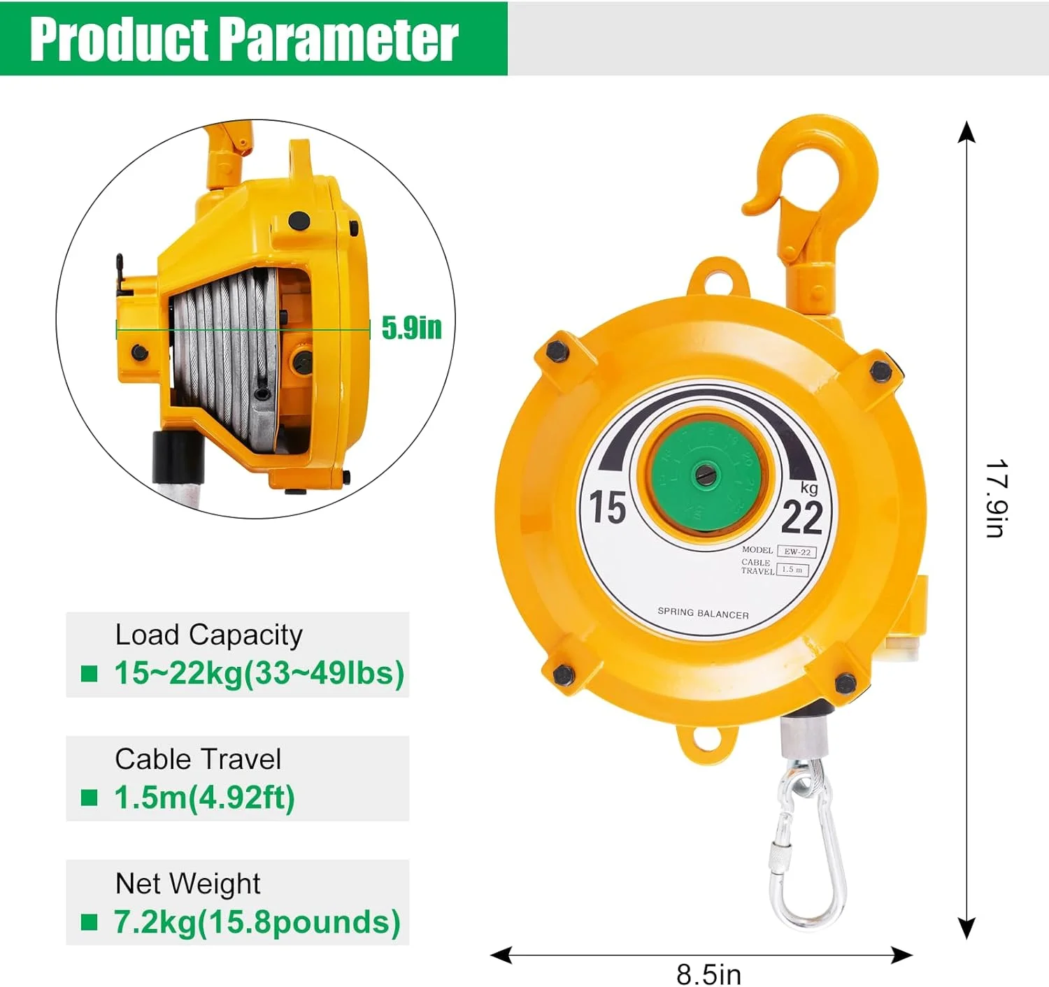 بالانسر فنری YJINGRUI با ظرفیت 15 تا 22 کیلوگرم (33 تا 49 پوند)، بالانسر ابزار فنری جمع شونده، جمع کننده بالانسر با سیم بکسل 1.5 متری، تجهیزات آویزان نگهدارنده