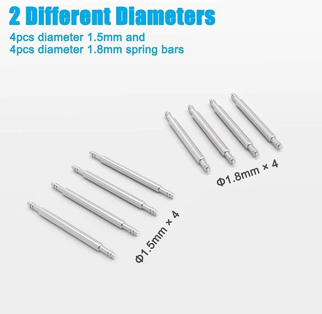 پین های ساعت Wellfit به همراه ابزار میله فنری، 4 عدد میله فنری سنگین 1.8 میلی متری، 4 عدد پین بند ساعت استیل ضد زنگ 1.5 میلی متری، یک عدد ابزار برداشتن میله فنری پین های ساعت Wellfit به همراه ابزار میله فنری، 4 عدد میله فنری سنگین 1.8 میلی متری، 4 عدد پین بند ساعت استیل ضد زنگ 1.5 میلی متری، یک عدد ابزار برداشتن میله فنری
