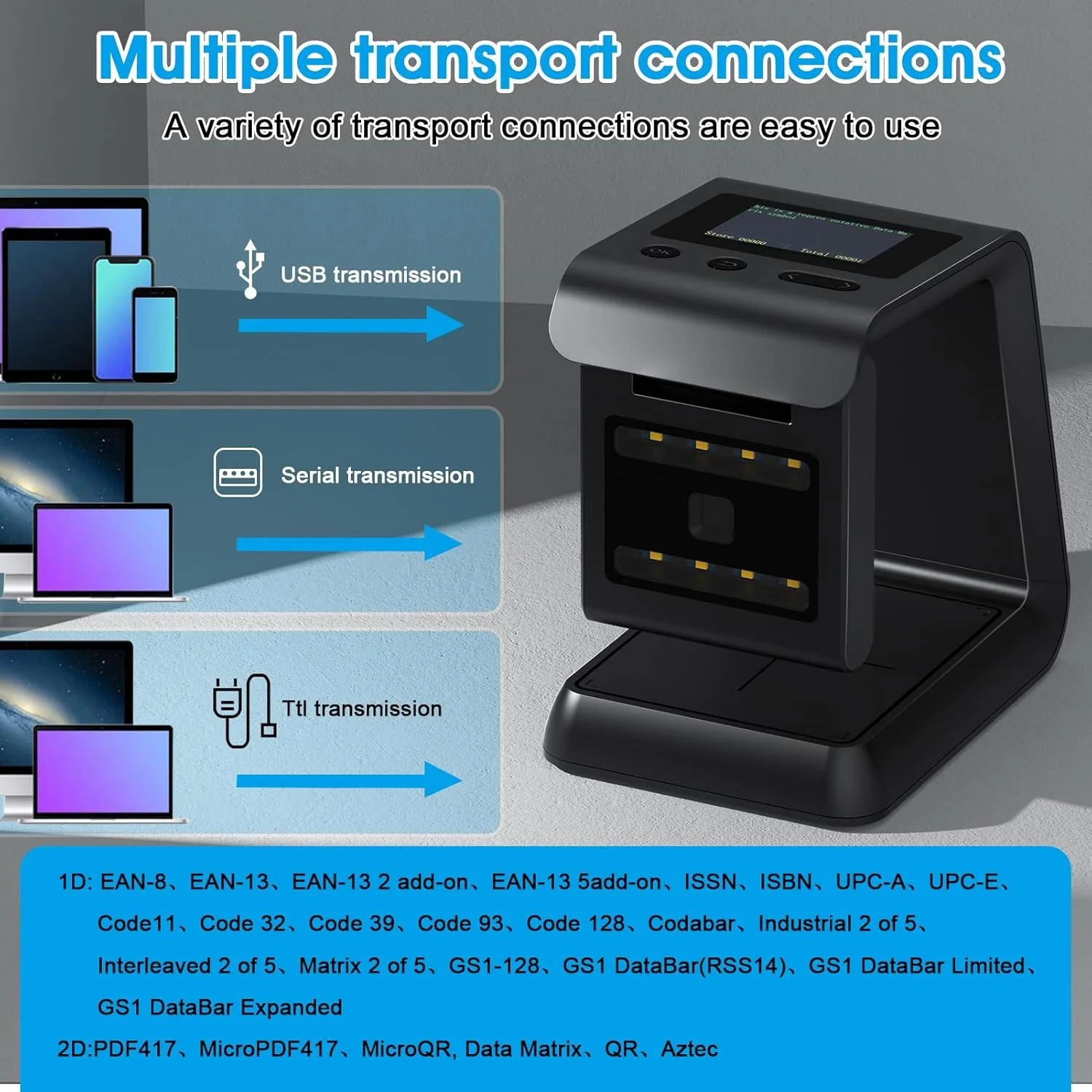 اسکنر بارکد رومیزی بی سیم Alacrity 2D 1D QR، صفحه نمایش LCD، بلوتوث 2.4 گیگاهرتز بی سیم USB سیمی 3 در 1، بارکد خوان هندزفری، 5500 اسکنر بارکد رومیزی بی سیم Alacrity 2D 1D QR، صفحه نمایش LCD، بلوتوث 2.4 گیگاهرتز بی سیم USB سیمی 3 در 1، بارکد خوان هندزفری، 5500