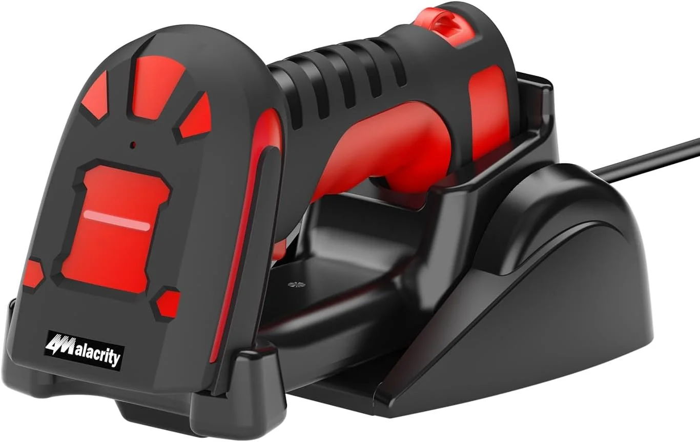 اسکنر بارکد Alacrity با شارژ بی‌سیم، پشتیبانی از نمادهای 1D/2D، حسگر اسکن شاتر جهانی، اتصال بی‌سیم 433 مگاهرتز با برد طولانی و بلوتوث، ضد ضربه و ضد گرد و غبار صنعتی، قرمز