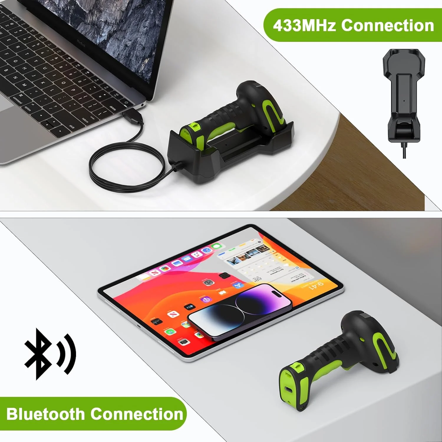 اسکنر بارکد صنعتی بی‌سیم 2D ارتقا یافته Alacrity با پایه شارژ بی‌سیم، بلوتوث و بی‌سیم 433MHz، انتقال 2 در 1 1968 فوتی، اسکن خودکار در دسترس، کار بر روی کد DPM