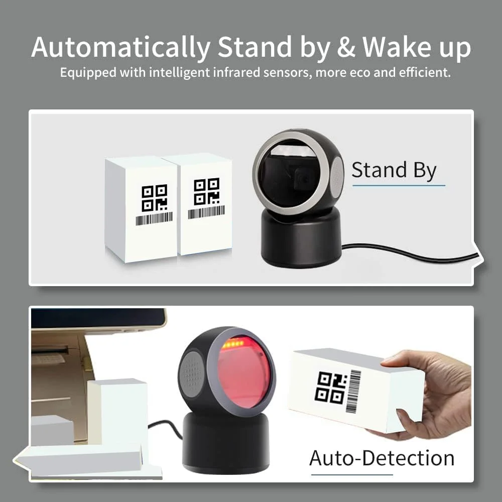 اسکنر بارکد رومیزی Alacrity 2D 1D QR، اسکنر بارکد سیمی USB بدون نیاز به دست، قابلیت اسکن بارکد از روی صفحه نمایش، مدل 3300DW، مشکی