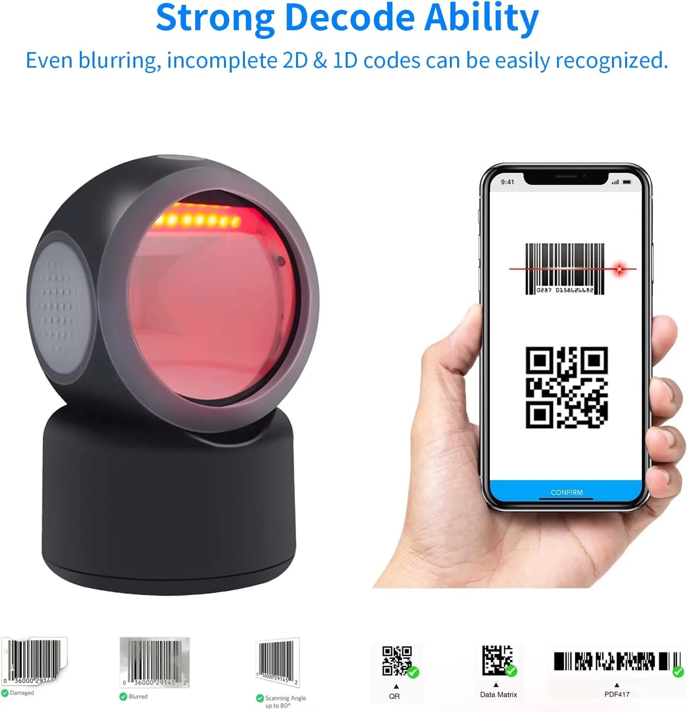 اسکنر بارکد رومیزی Alacrity 2D 1D QR، اسکنر بارکد سیمی USB بدون نیاز به دست، قابلیت اسکن بارکد از روی صفحه نمایش، مدل 3300DW، مشکی