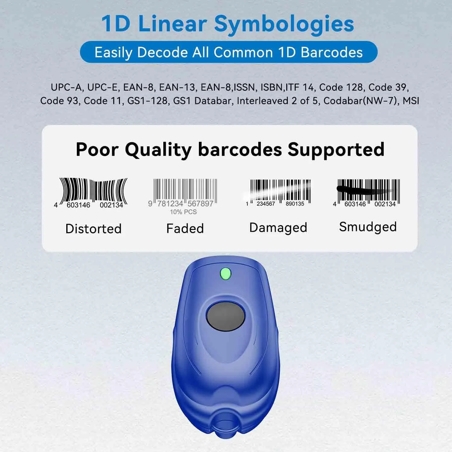 اسکنر بارکد بی سیم CCD 1D قابل حمل Alacrity با بند گردنی قابل تنظیم، بی سیم بلوتوث 2.4G 3 در 1 USB سیمی، مینی بارکد خوان سبک وزن برای کامپیوتر، تبلت، تلفن هوشمند، آبی