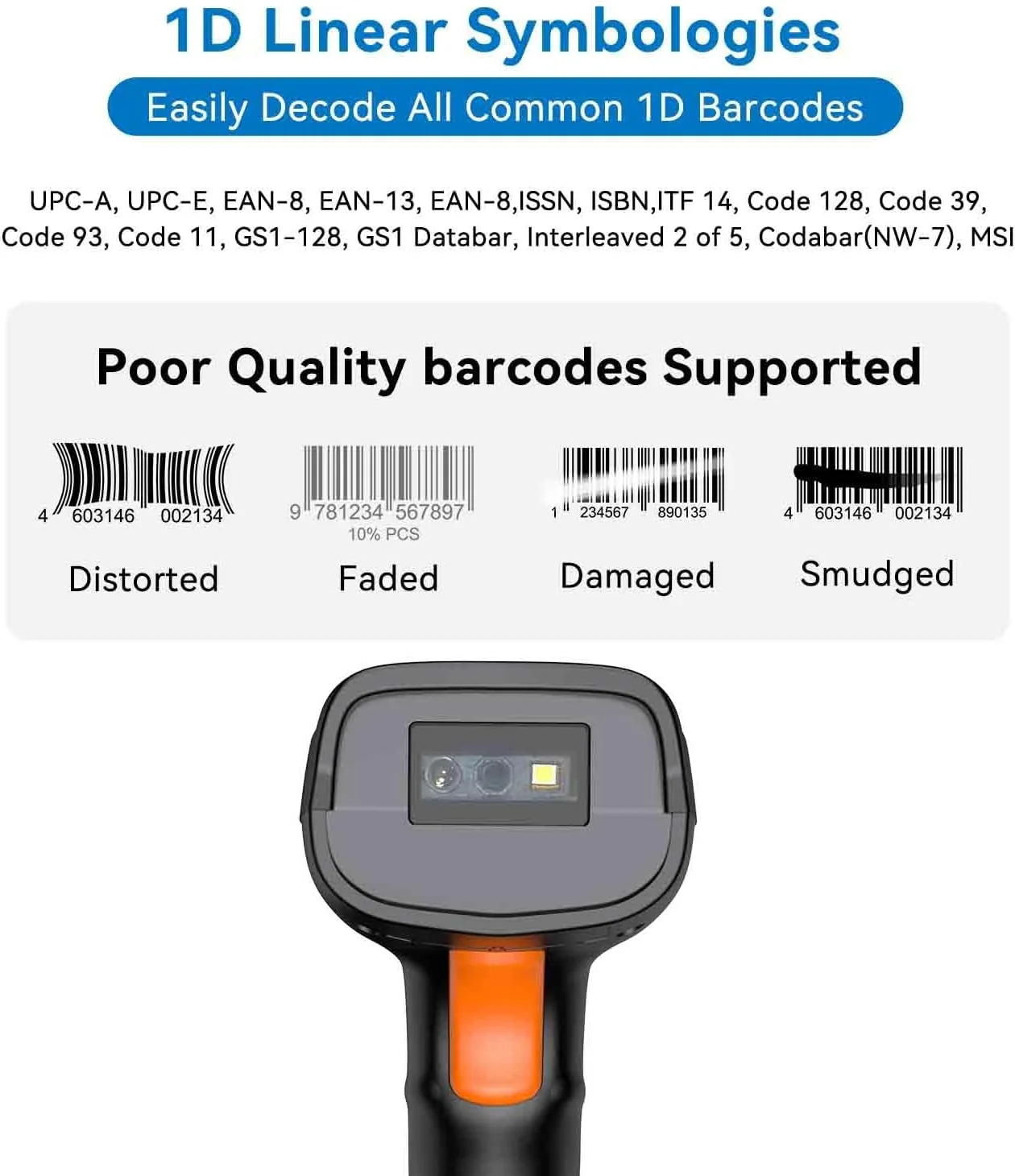 اسکنر بارکد لیزری بی سیم تک بعدی کلاسیک Alacrity، نشانگر سطح باتری، اتصالات بلوتوث 2.4 گیگاهرتز USB 3 در 1