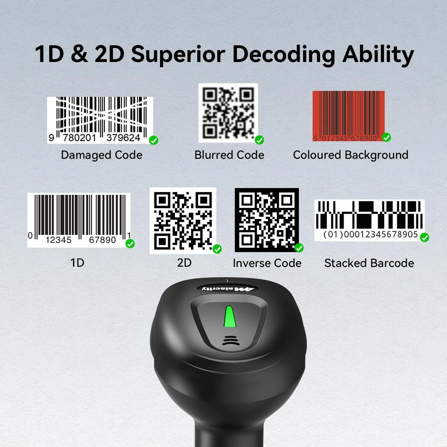 اسکنر بارکد بیسیم دو بعدی Alacrity مدل 9200DA، پشتیبانی از کدهای دیجیتال/صفحه نمایش 1D 2D QR، بارکدخوان دستی برای کامپیوتر/لپتاپ/ویندوز/مک اسکنر بارکد بیسیم دو بعدی Alacrity مدل 9200DA، پشتیبانی از کدهای دیجیتال/صفحه نمایش 1D 2D QR، بارکدخوان دستی برای کامپیوتر/لپتاپ/ویندوز/مک