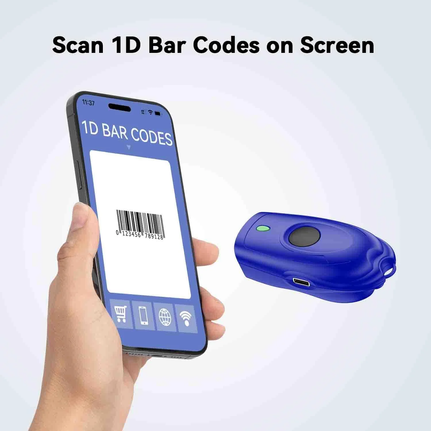 اسکنر بارکد بی سیم CCD 1D قابل حمل Alacrity با بند گردنی قابل تنظیم، بی سیم بلوتوث 2.4G 3 در 1 USB سیمی، مینی بارکد خوان سبک وزن برای کامپیوتر، تبلت، تلفن هوشمند، آبی