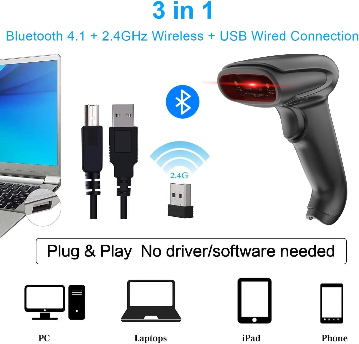 اسکنر بارکد بلوتوثی USB Alacrity با پایه، اسکنر بارکد هندزفری بی سیم همه کاره 3 در 1 قابل شارژ بی سیم، اسکنر بارکد 1D دستی USB، اسکنر موجودی بی سیم اسکنر بارکد بلوتوثی USB Alacrity با پایه، اسکنر بارکد هندزفری بی سیم همه کاره 3 در 1 قابل شارژ بی سیم، اسکنر بارکد 1D دستی USB، اسکنر موجودی بی سیم
