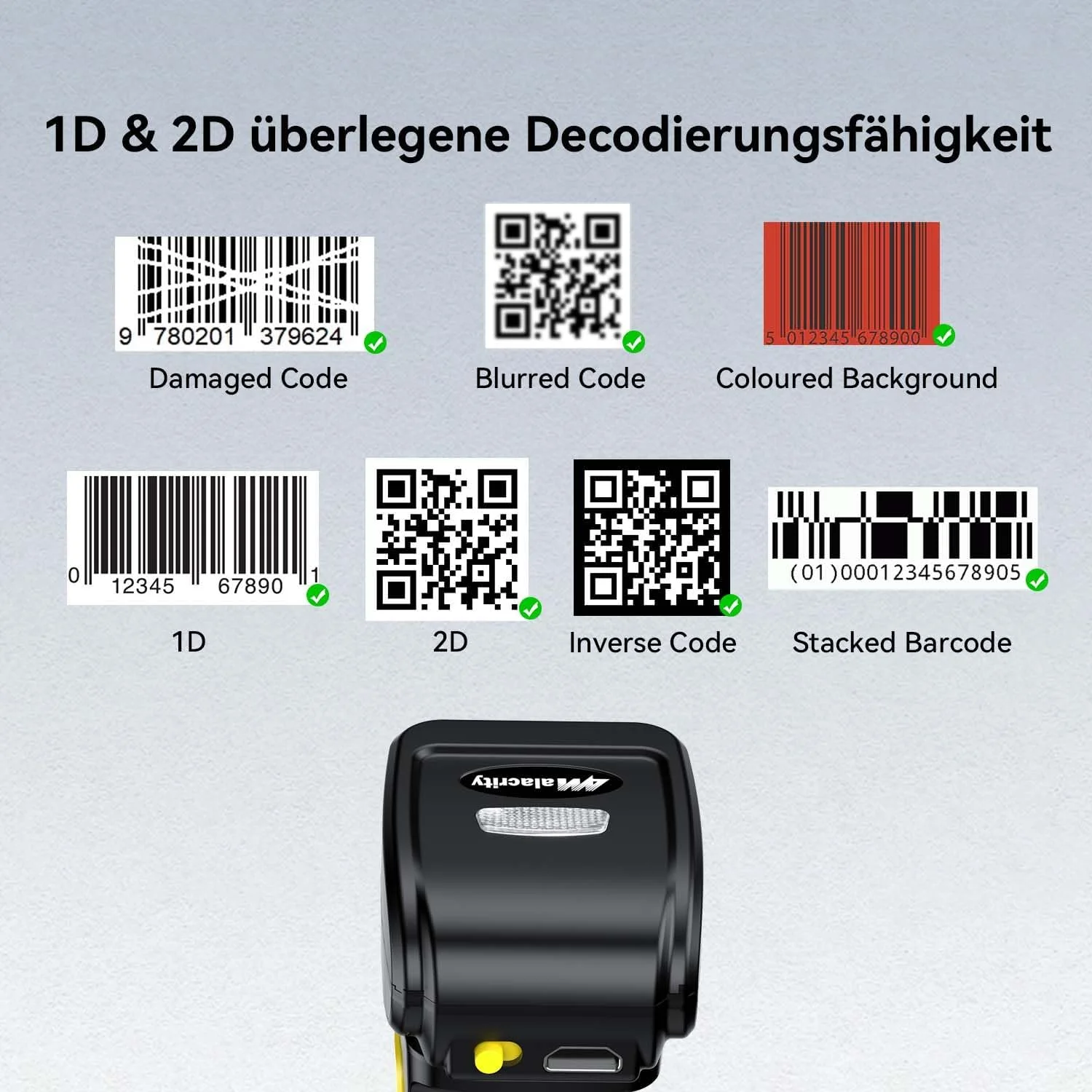 اسکنر بارکد بی سیم 1D 2D پوشیدنی Alacrity، بلوتوث 2.4 گیگاهرتز بی سیم USB سیمی 3 در 1، مینی بارکد خوان حلقه ای قابل حمل برای ویندوز، اندروید، iOS اسکنر بارکد بی سیم 1D 2D پوشیدنی Alacrity، بلوتوث 2.4 گیگاهرتز بی سیم USB سیمی 3 در 1، مینی بارکد خوان حلقه ای قابل حمل برای ویندوز، اندروید، iOS