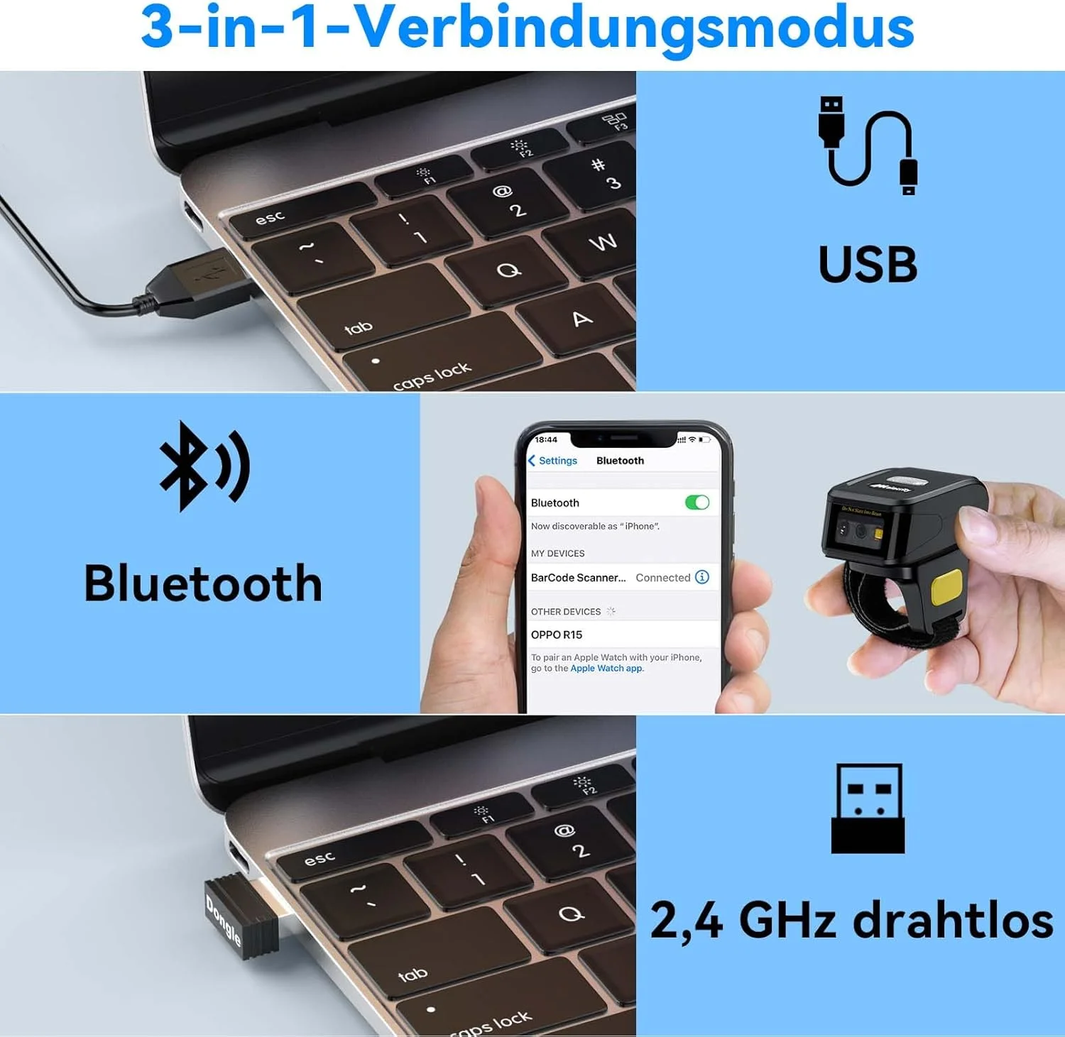 اسکنر بارکد بی سیم 1D 2D پوشیدنی Alacrity، بلوتوث 2.4 گیگاهرتز بی سیم USB سیمی 3 در 1، مینی بارکد خوان حلقه ای قابل حمل برای ویندوز، اندروید، iOS اسکنر بارکد بی سیم 1D 2D پوشیدنی Alacrity، بلوتوث 2.4 گیگاهرتز بی سیم USB سیمی 3 در 1، مینی بارکد خوان حلقه ای قابل حمل برای ویندوز، اندروید، iOS