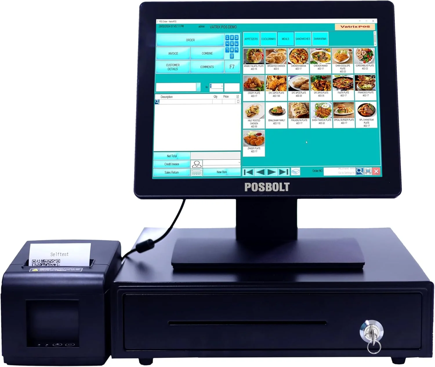 سیستم POS رستورانی POSBOLT، Core i3-4030U، رم 4 گیگابایتی، SSD 128 گیگابایتی، نمایشگر 15 اینچی، همراه با چاپگر حرارتی و کشوی پول و نرم افزار رستوران با نصب و آموزش