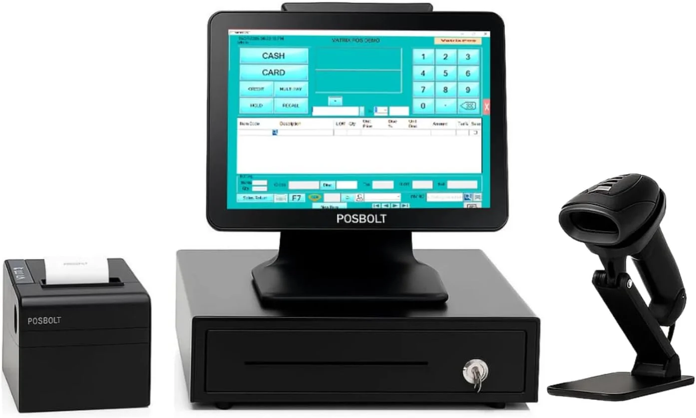 سیستم POS یکپارچه فروشگاهی POSBOLT با نرم افزار (i5، رم 8 گیگابایت، 256SSD، صفحه لمسی 15 اینچی با VFD)