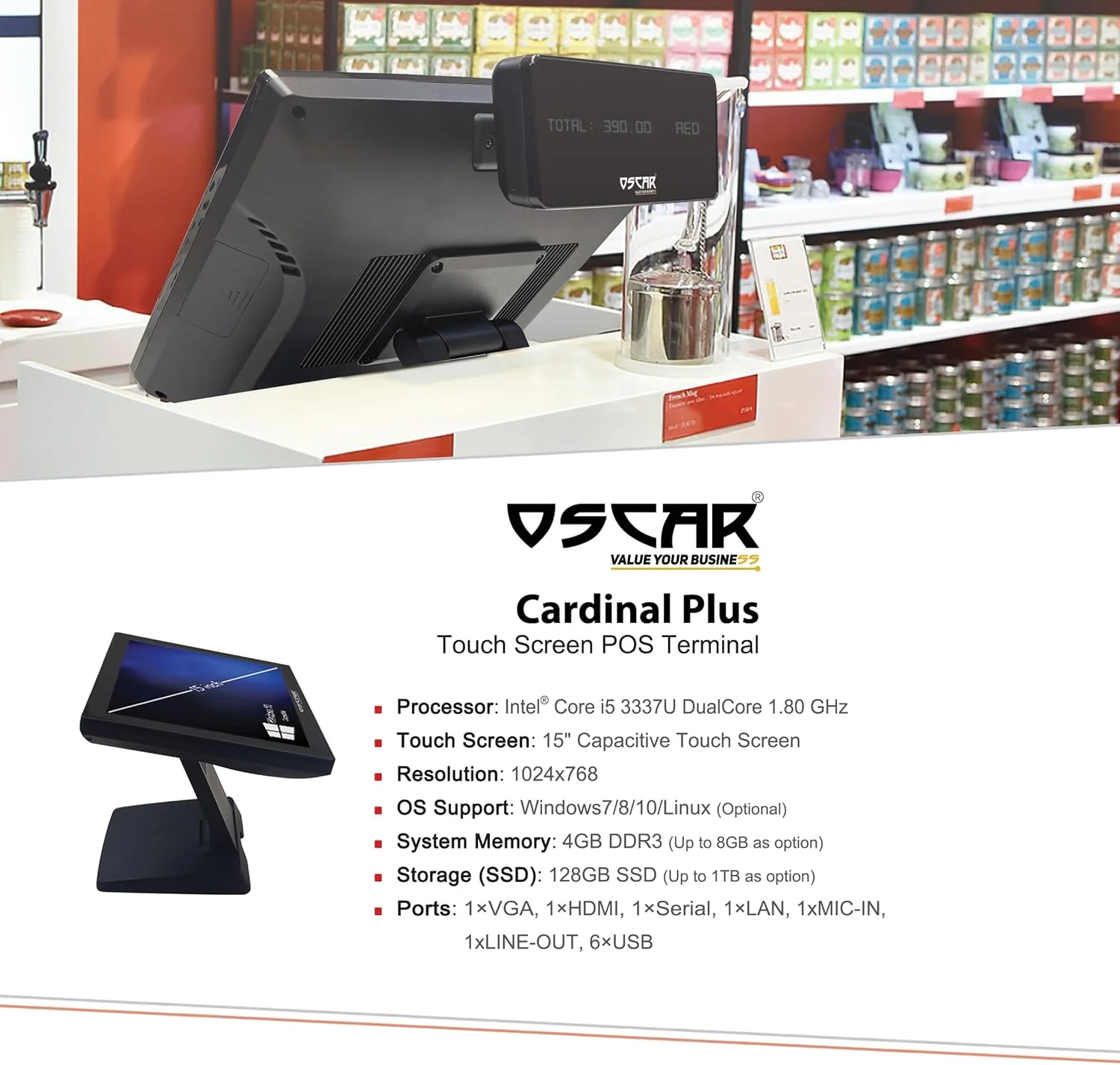 دستگاه پوز لمسی OSCAR CARDINAL، ترمینال فروشگاهی، دستگاه صدور فاکتور | پردازنده Core i5 نسل 4 با فرکانس 2.0 گیگاهرتز | رم 4 گیگابایت | SSD 128 گیگابایت | LED 15 اینچ | رزولوشن 1024x768 (بدون VFD و MSR، مشکی) دستگاه پوز لمسی OSCAR CARDINAL، ترمینال فروشگاهی، دستگاه صدور فاکتور | پردازنده Core i5 نسل 4 با فرکانس 2.0 گیگاهرتز | رم 4 گیگابایت | SSD 128 گیگابایت | LED 15 اینچ | رزولوشن 1024x768 (بدون VFD و MSR، مشکی)