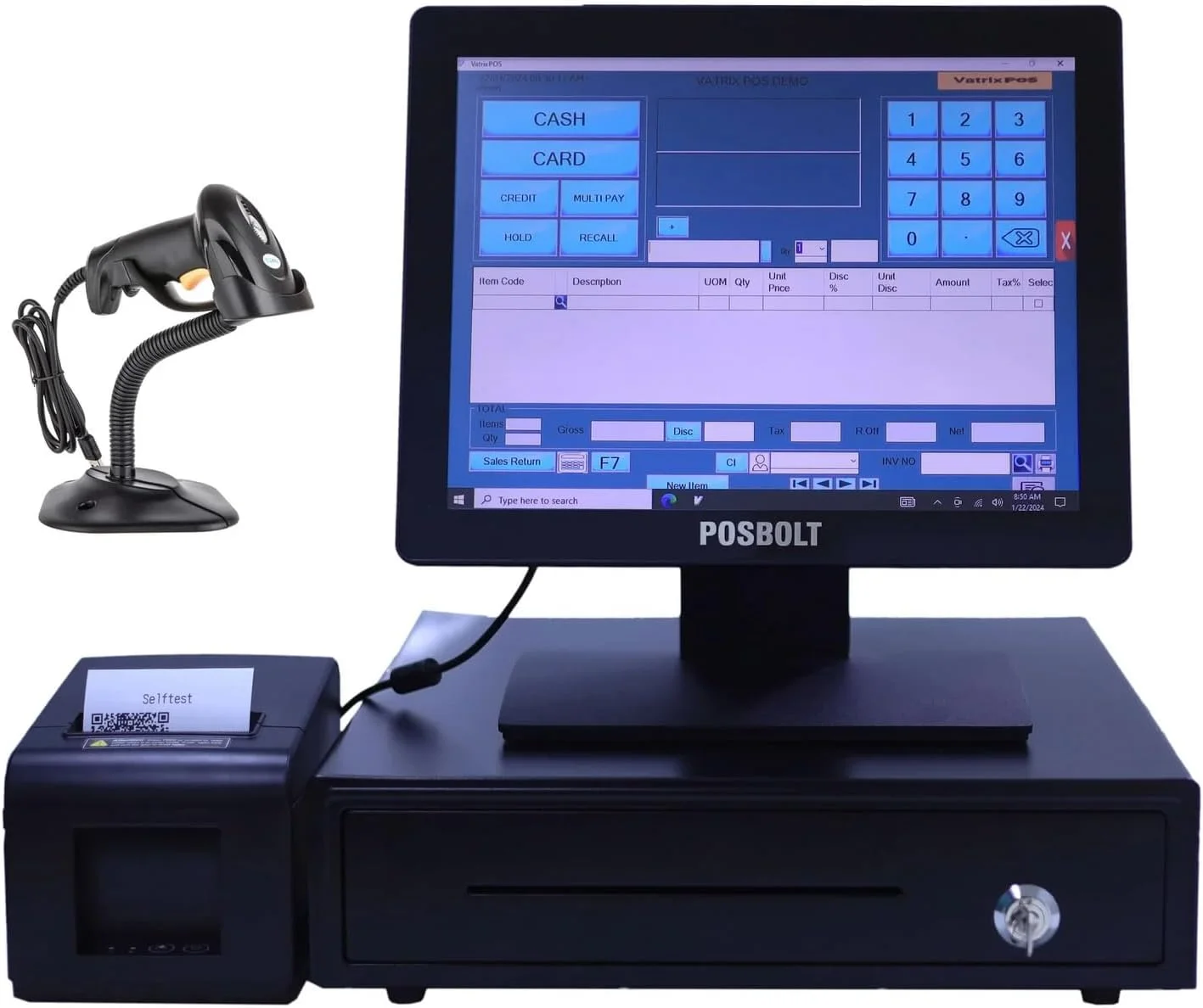 مجموعه سیستم POS خرده فروشی POSBOLT با نرم افزار (Core i5، 4 گیگابایت رم، 128 گیگابایت SSD، صفحه نمایش لمسی 15 اینچی)