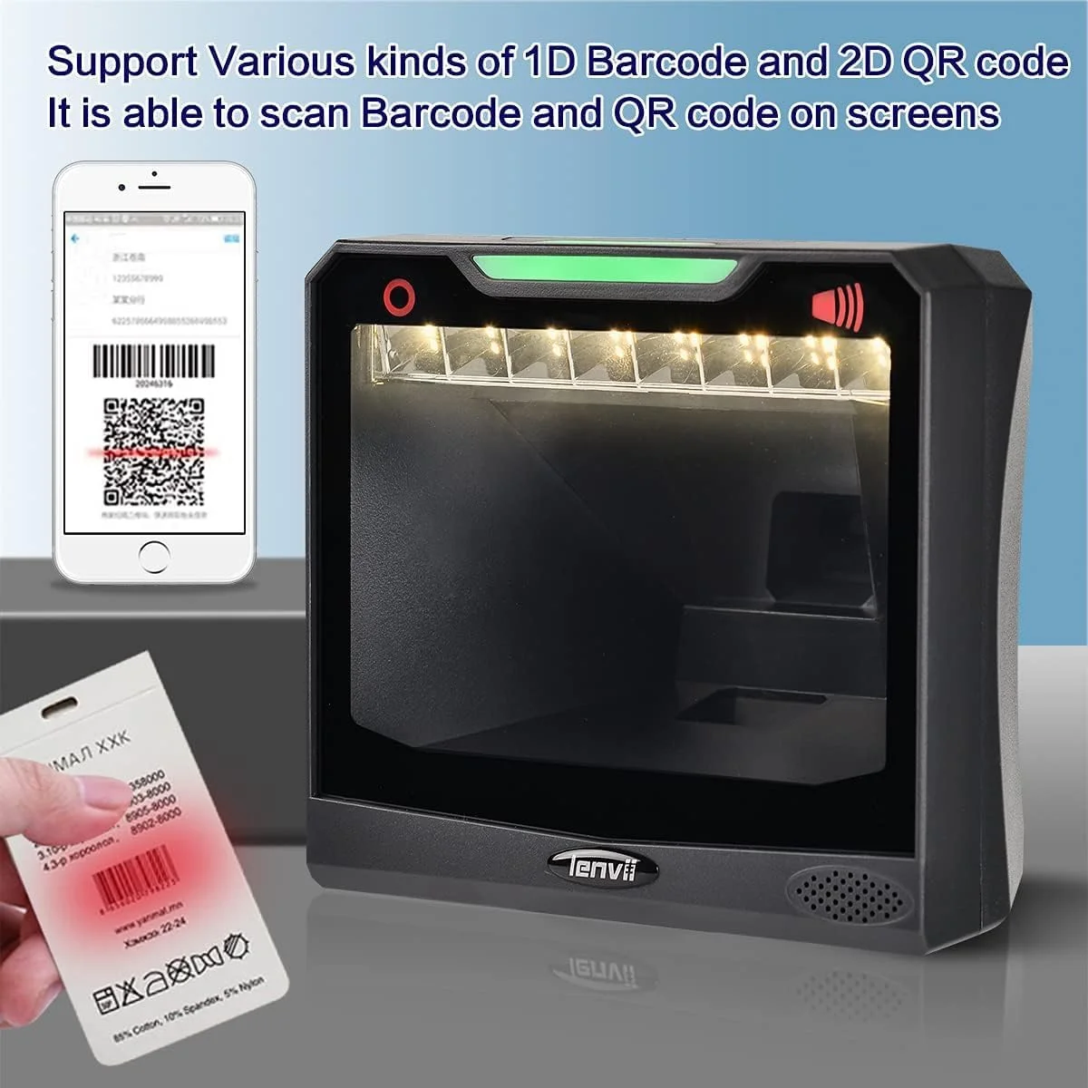 اسکنر بارکد رومیزی دو بعدی LENVII | اسکنر کد QR بدون دست | اسکن همه جهته 1D | 2D | کد QR | پشتیبانی از خواندن کدهای صفحه نمایش | سازگار با سیستم Win | MAC